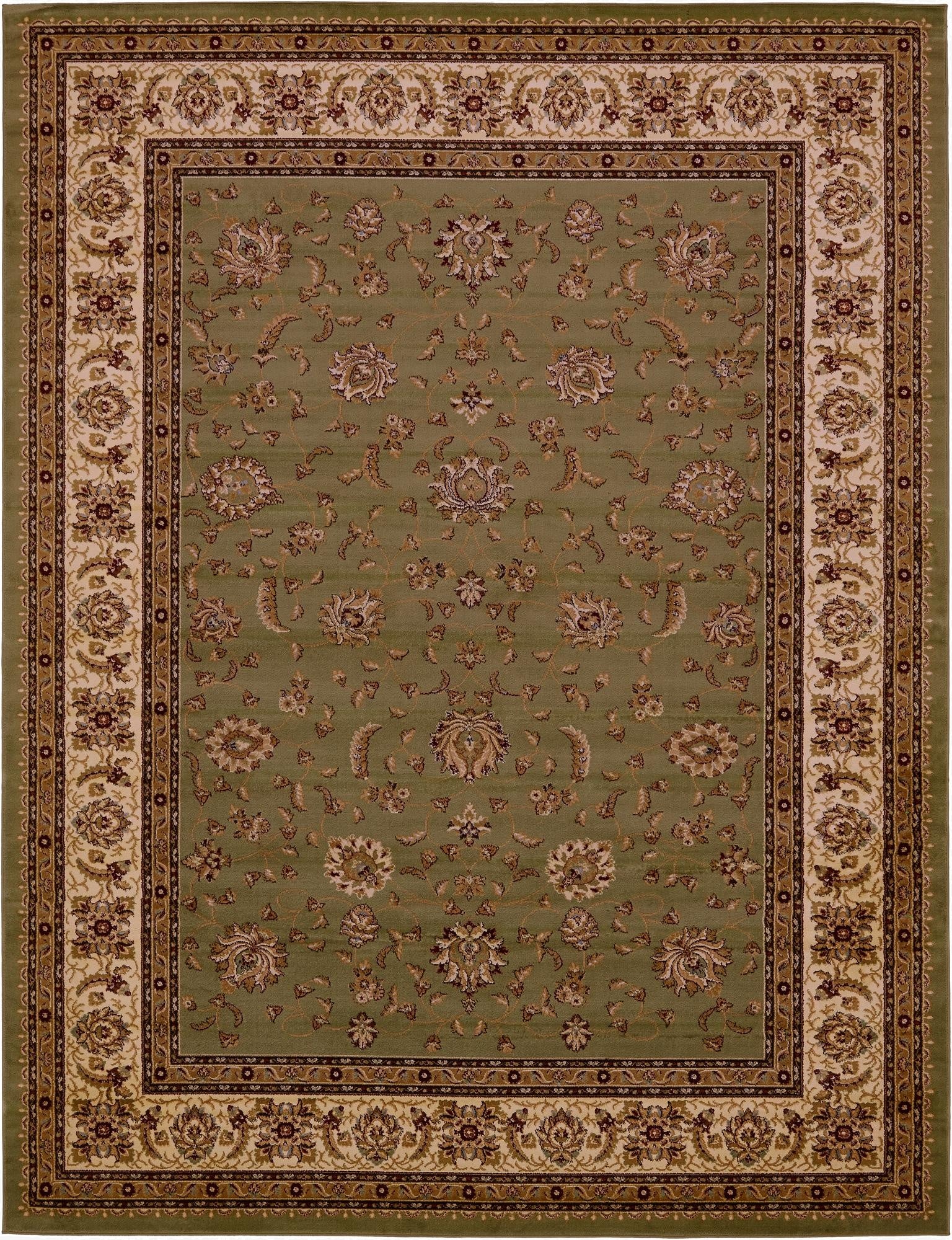 A 10x13 rectangular green traditional area rug with an ornate floral and oriental pattern and a detailed border.