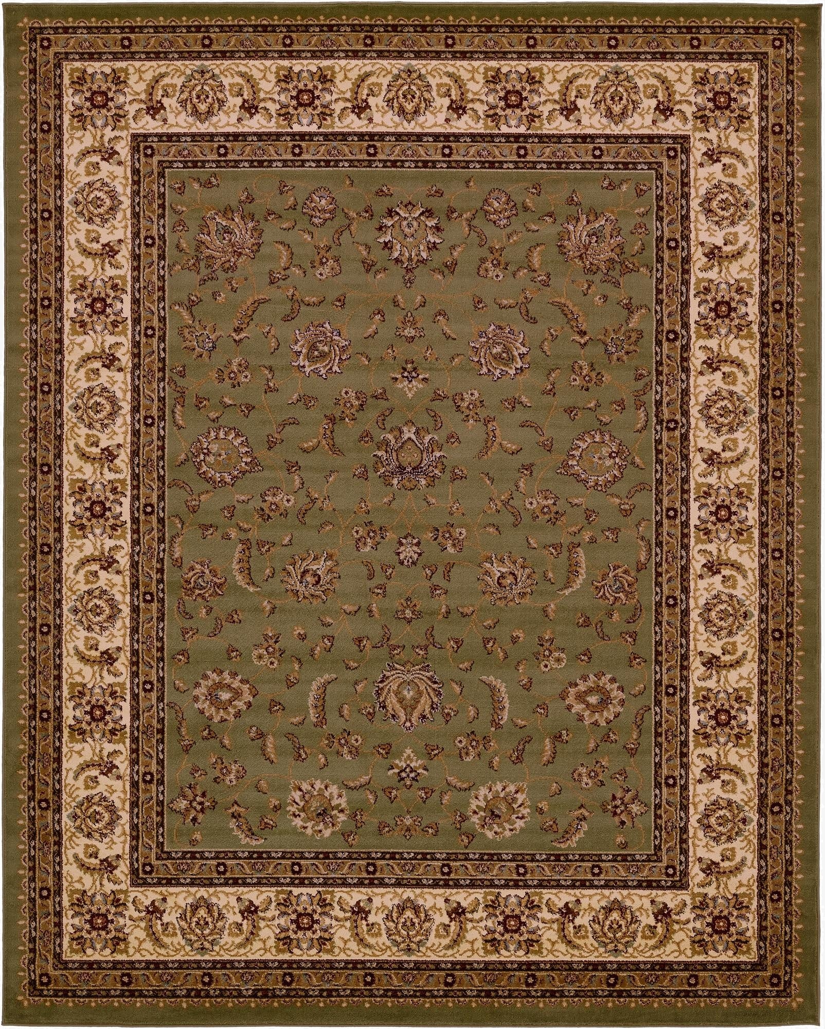 An 8x10 rectangular Aditi rug in green with a traditional floral and oriental pattern, featuring a detailed border.