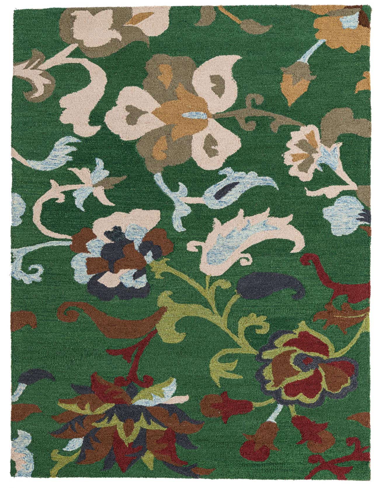 A 5x8 rectangular green area rug with a modern floral pattern in shades of beige, blue, brown, and red.