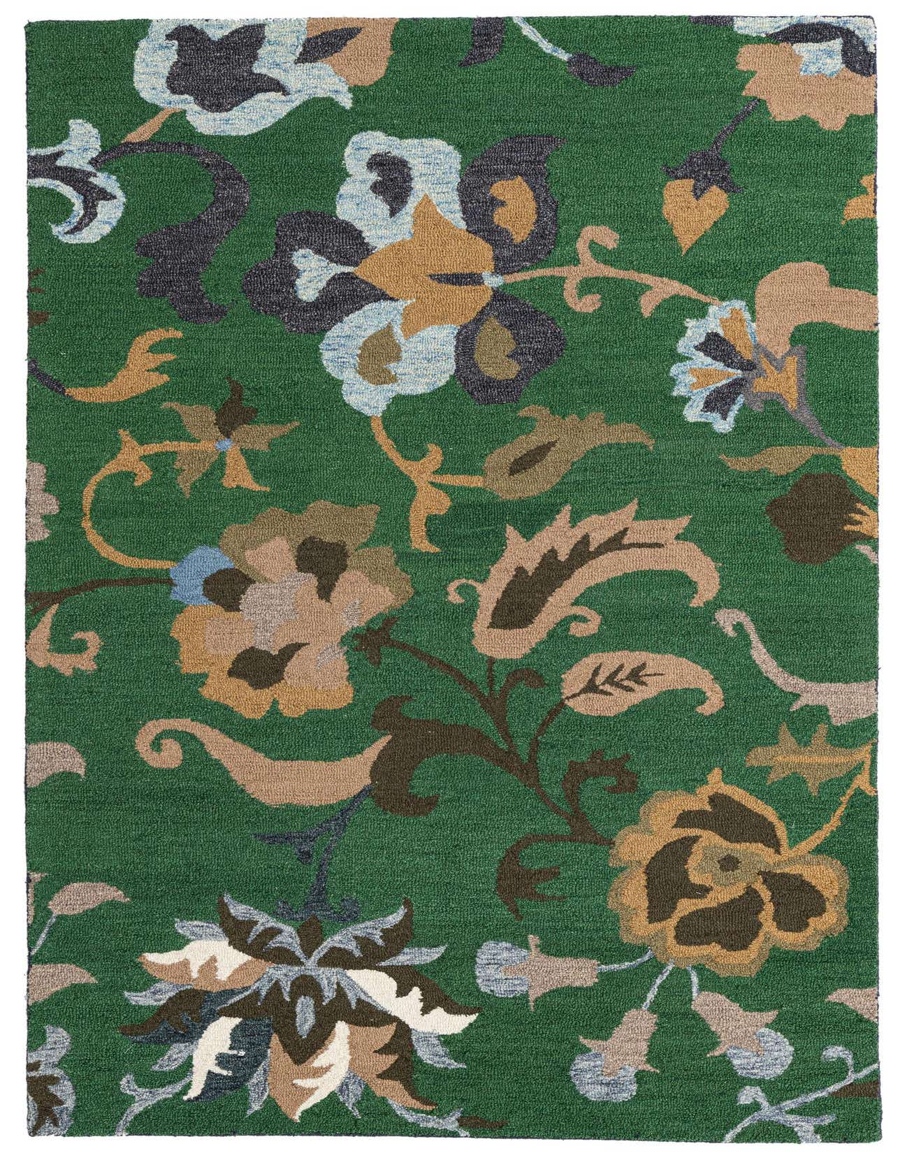 A 5x8 rectangular green modern area rug with a high pile, featuring large floral patterns in tan, blue, and brown.