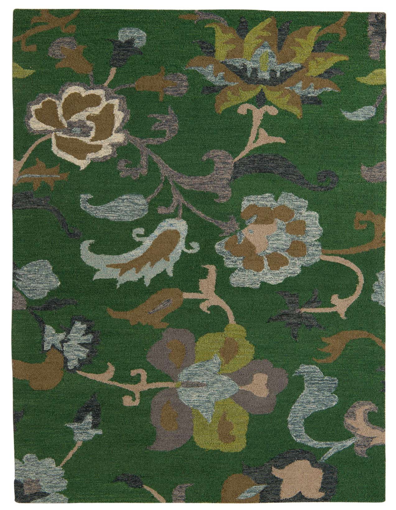 A 5x8 rectangular green area rug with a high pile, featuring a traditional floral pattern in muted greens, browns, and blues.
