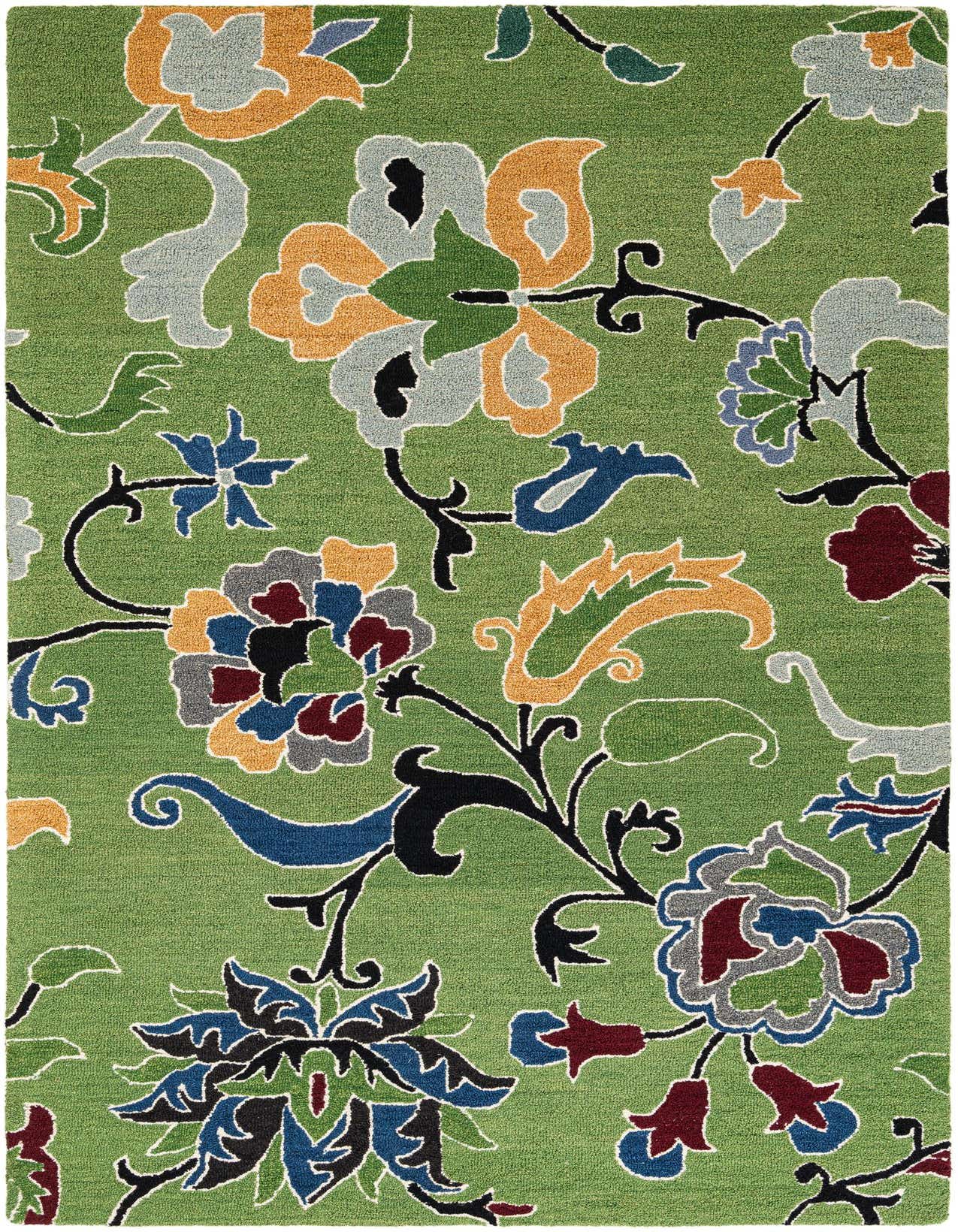A 5x8 rectangular green area rug with a vibrant modern floral pattern in orange, blue, grey, and maroon.