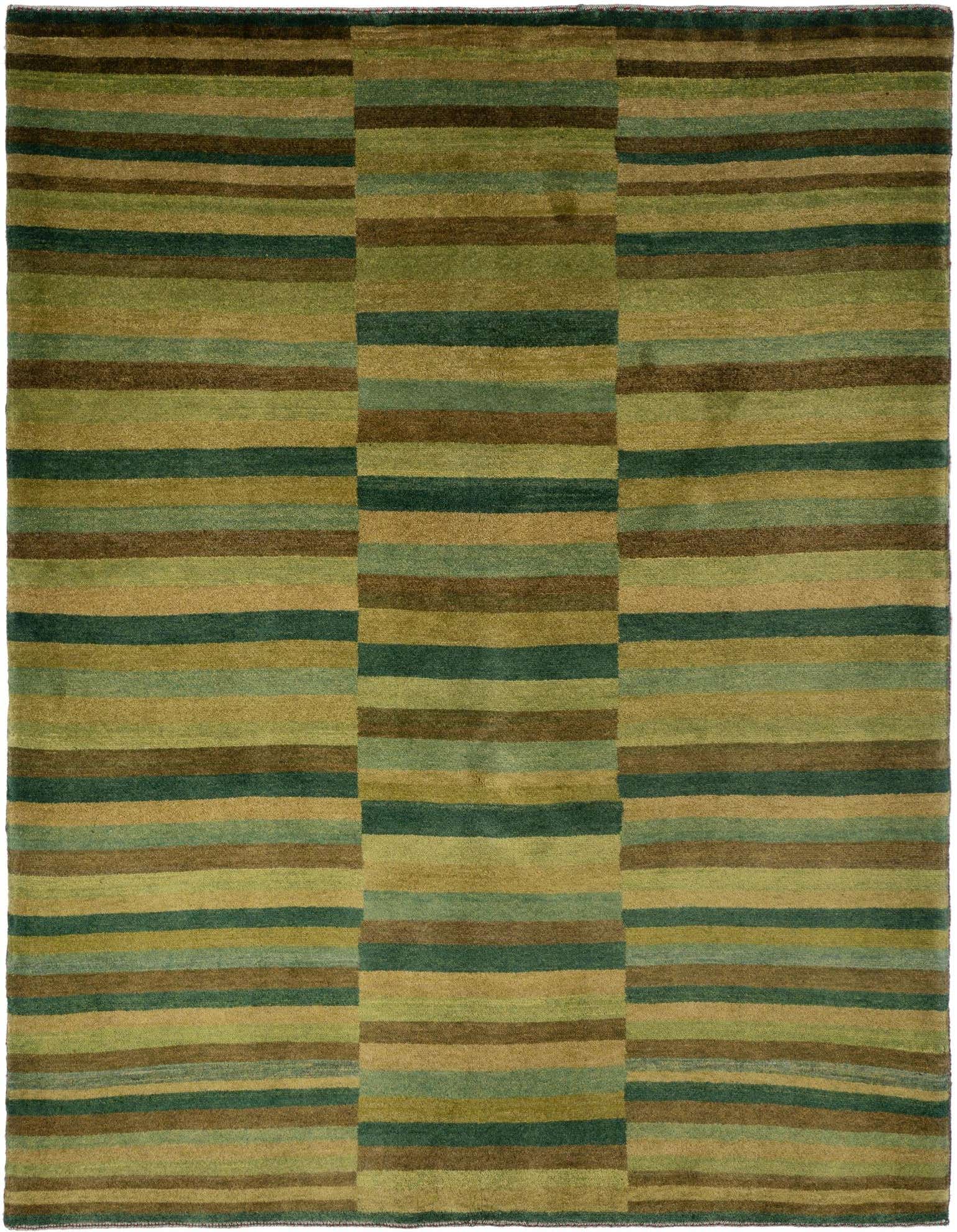 A 4x6 rectangular Amaleh rug featuring a Persian striped pattern in various shades of green and brown, suitable for a living room.