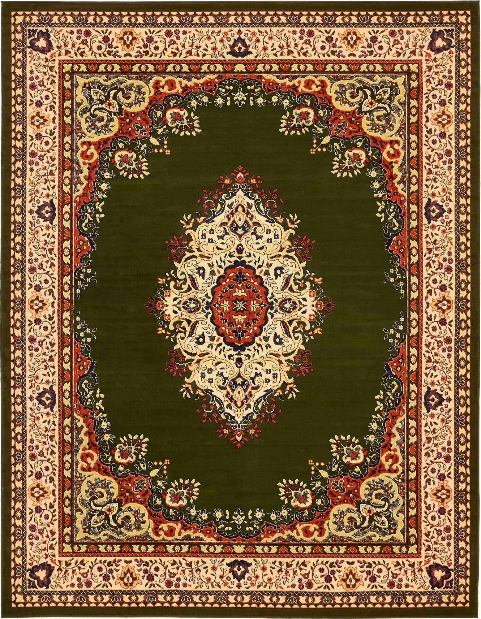 A 9x12 rectangular green traditional rug with an ornate central medallion and intricate floral borders in cream, red, and gold.