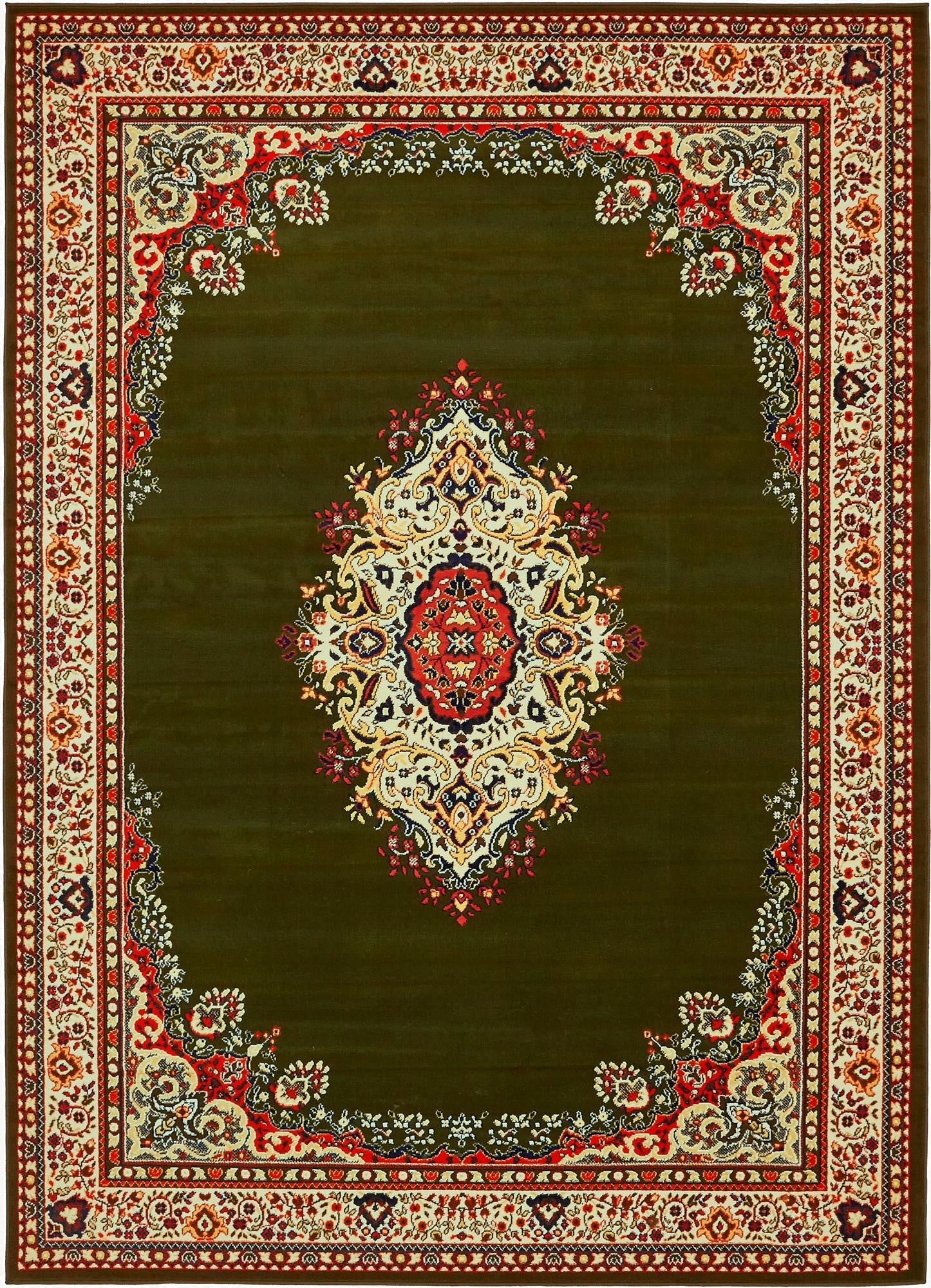 A 7x10 rectangular green traditional rug with an ornate red, cream, and yellow medallion and a detailed floral border.