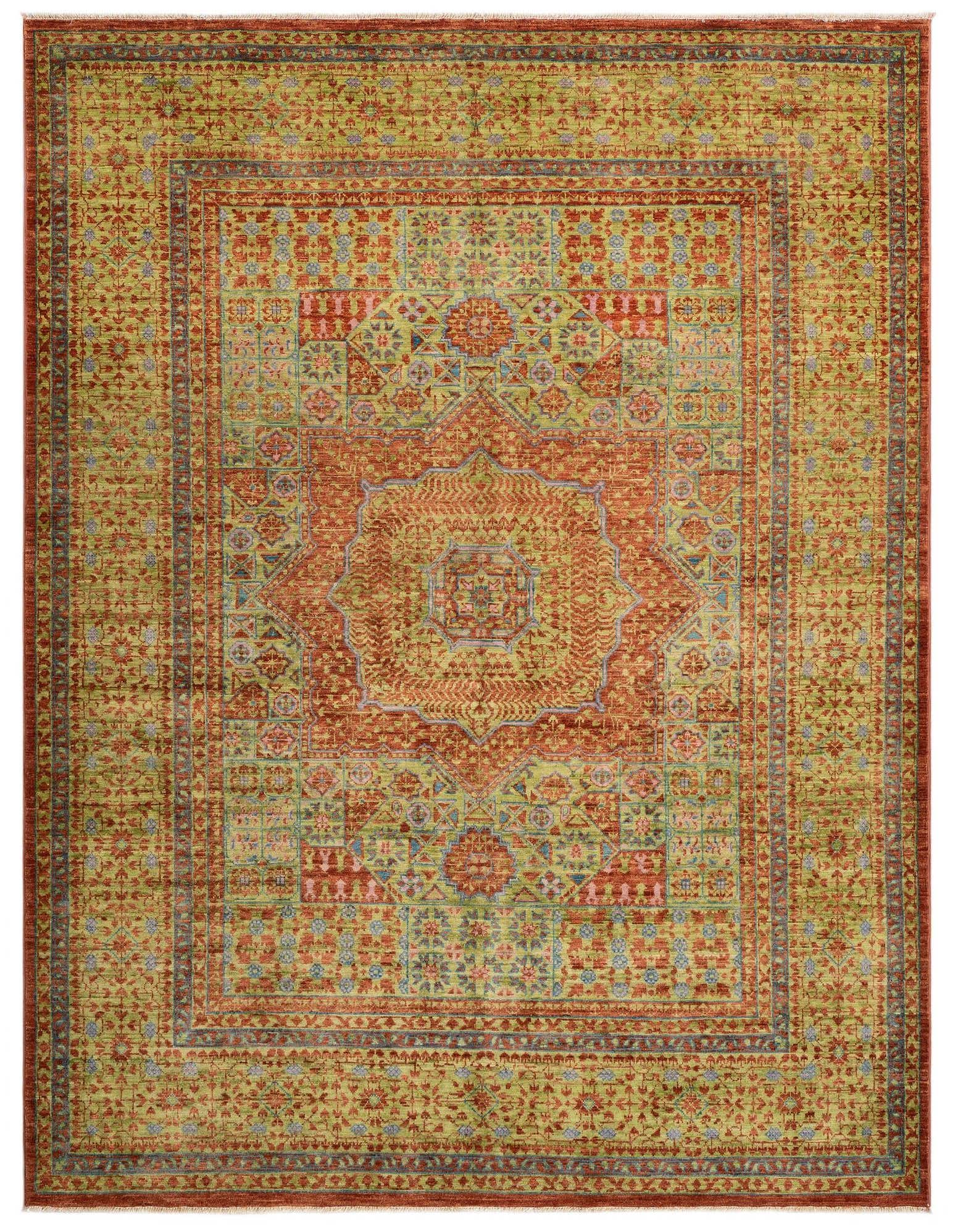 A 4x6 rectangular Amina Persian rug in shades of green and rust orange, featuring an intricate traditional medallion pattern.