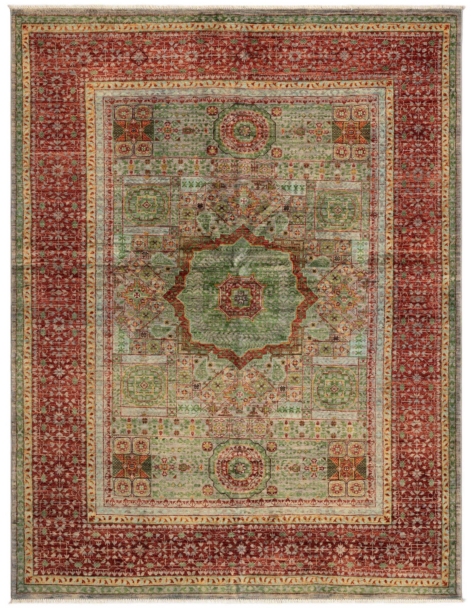 A 4x6 rectangular Amina Persian rug with a green center medallion and intricate floral patterns, bordered by a rich red and green design.