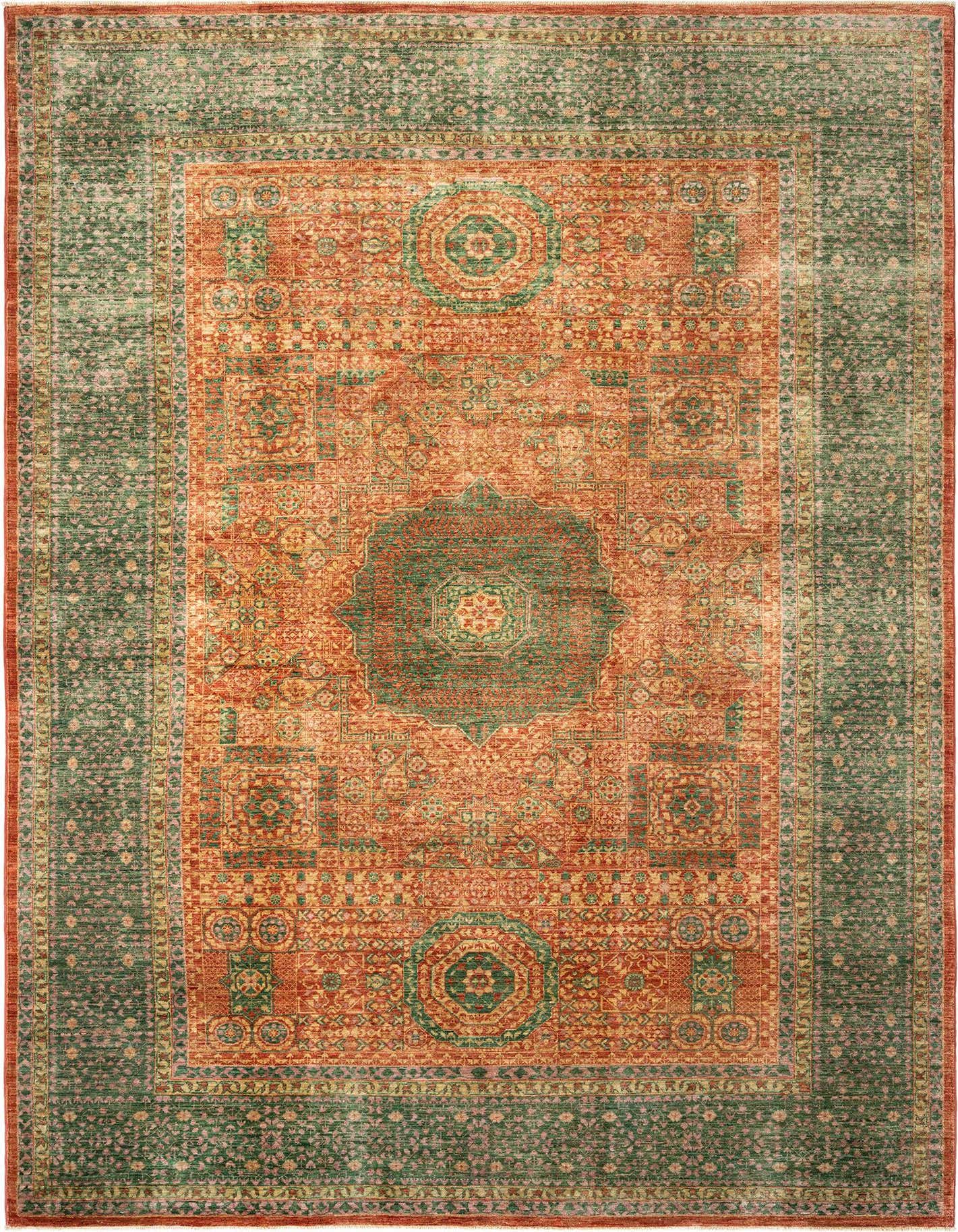 A 7x10 rectangular Amina Persian rug in shades of green and rust orange, featuring intricate traditional patterns.