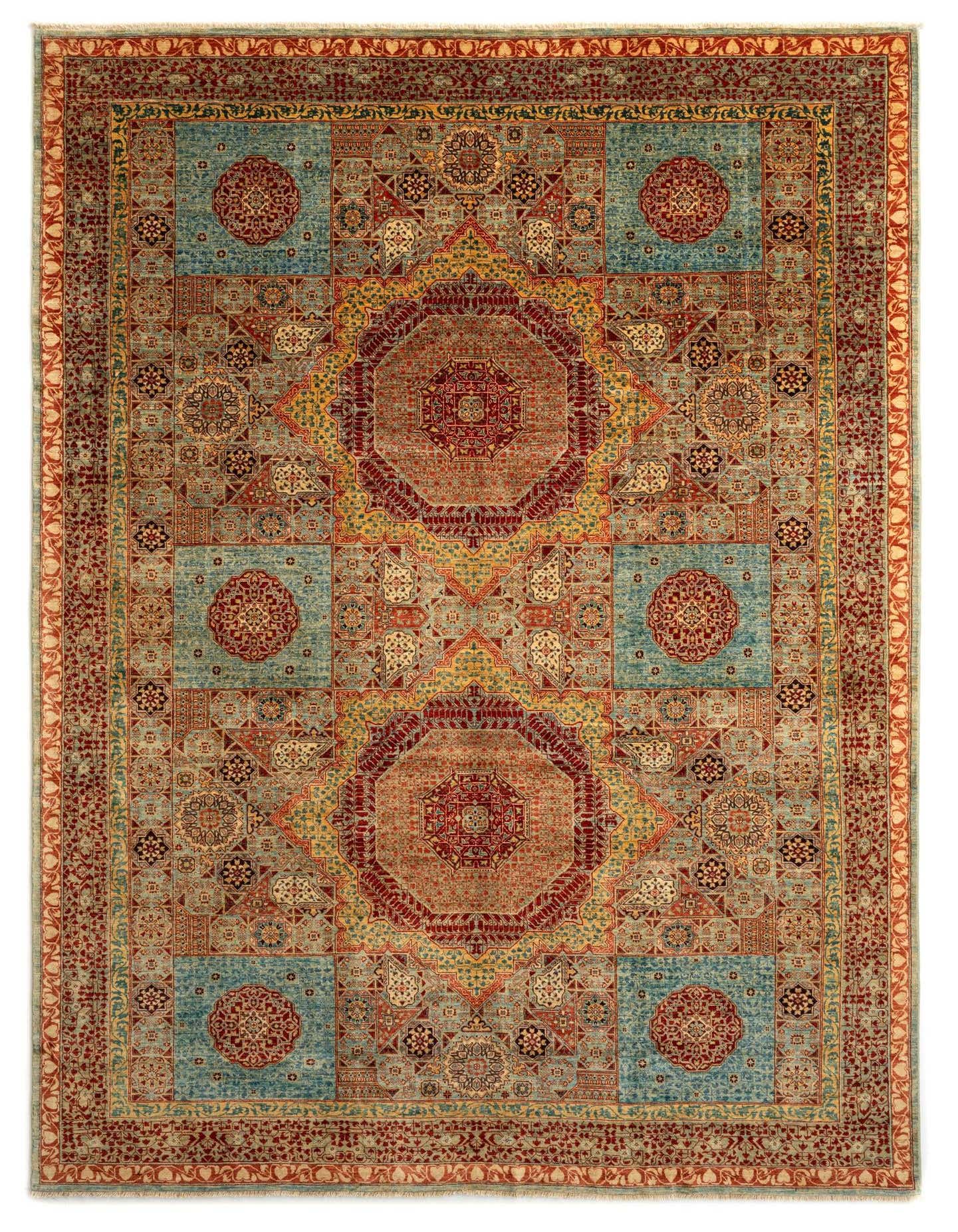Amina 8x11 rectangular Persian rug featuring intricate green, red, and gold patterns with a central medallion design.