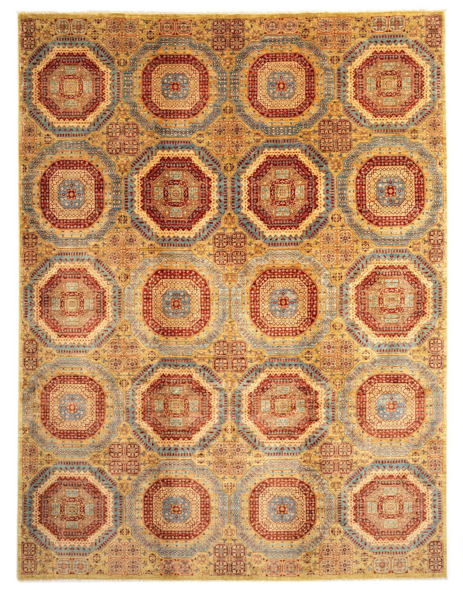 A 9x12 rectangular Amina Persian rug with a repeating pattern of octagonal medallions in shades of green, red, and blue on a gold background.