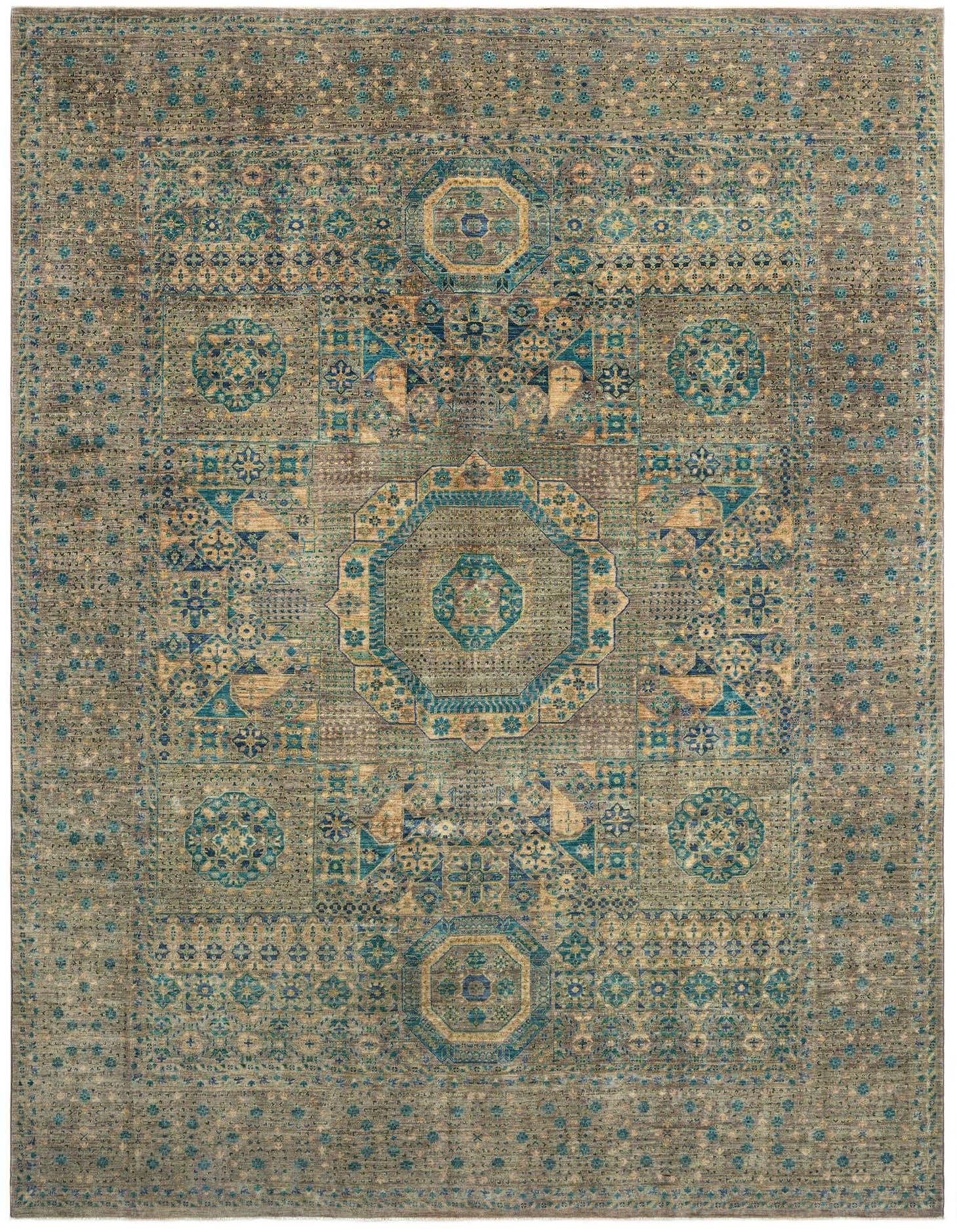 A 9x12 rectangular Amina rug by Rugs.com. This handmade wool rug features an intricate traditional pattern in various shades of green and hints of gold on a distressed background.