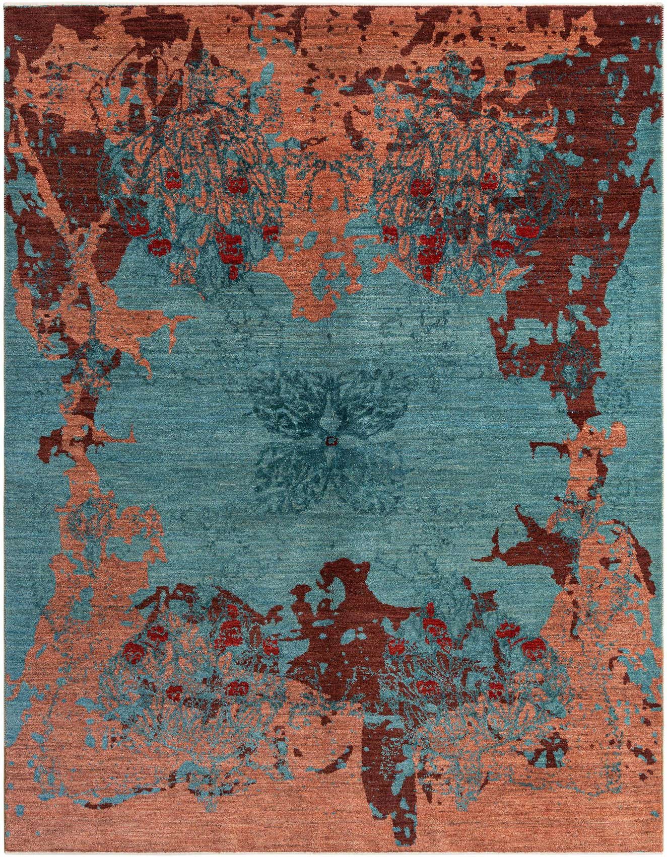 A rectangular handmade Persian rug with a teal green center and a border of abstract coral, rust, and red floral patterns.