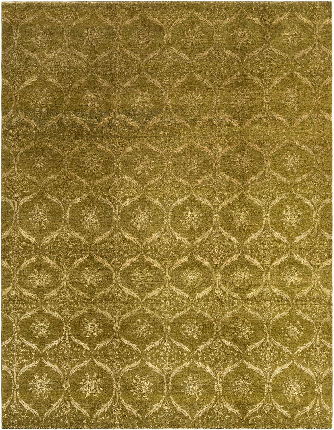 A rectangular handmade Anar collection Persian rug in shades of green with an intricate floral medallion pattern.