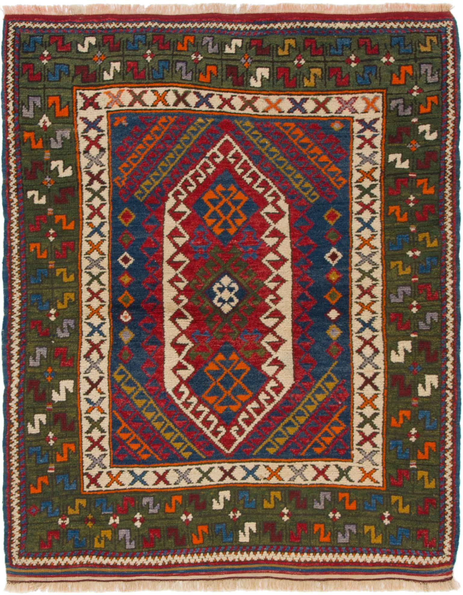 A 4x6 rectangular Anatolian wool rug featuring a central medallion in red and blue, surrounded by a green border with tribal patterns.
