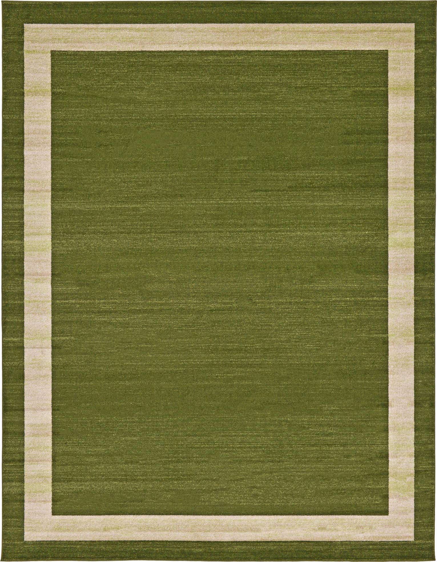 A 9x12 rectangular green area rug with a subtle lighter green border, ideal for a living room.