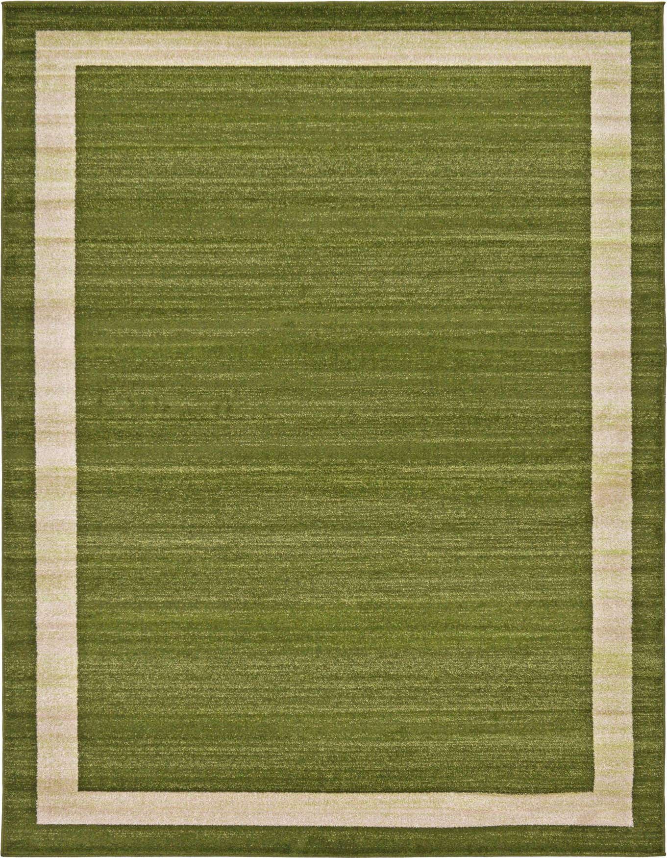 A 6x9 rectangular green area rug with a subtle striped texture and a cream-colored border, suitable for a living room.