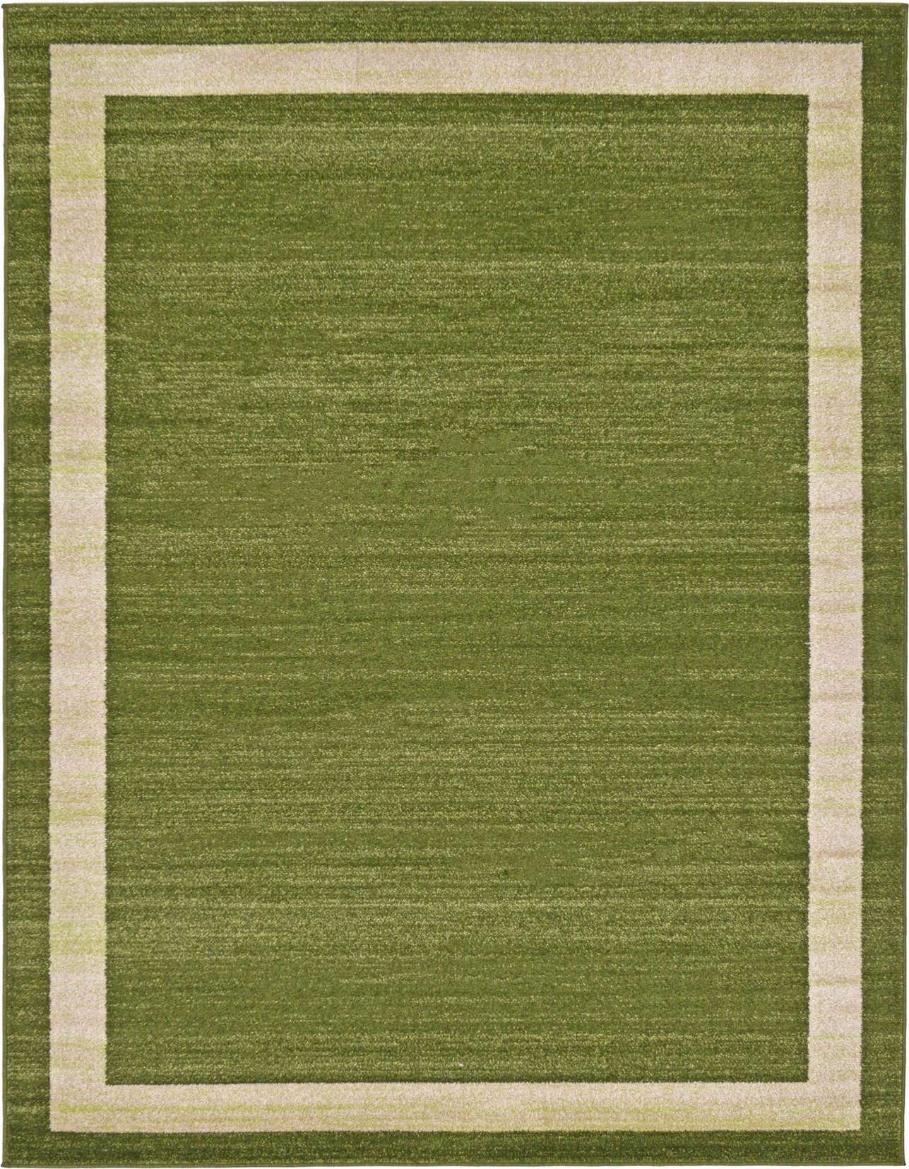 A 5x8 rectangular green area rug with a subtle lighter green border, suitable for a living room or bedroom.