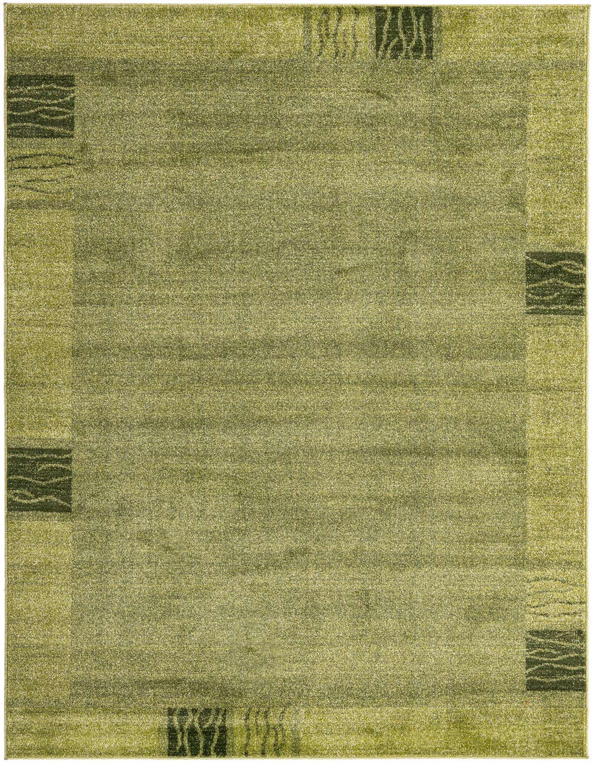 A 5x8 rectangular indoor area rug in varying shades of green, featuring a solid center and a patterned border.