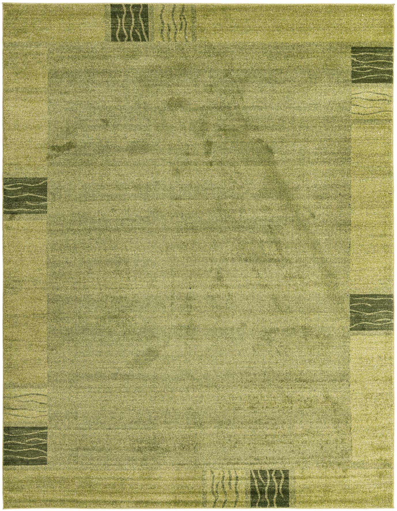 An 8x11 rectangular green area rug featuring a solid light green center and a border with darker green abstract patterns.