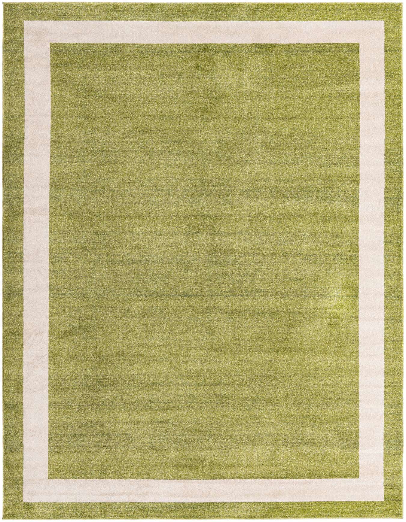 A rectangular 8x11 green area rug with a simple, clean cream border, suitable for a living room or bedroom.