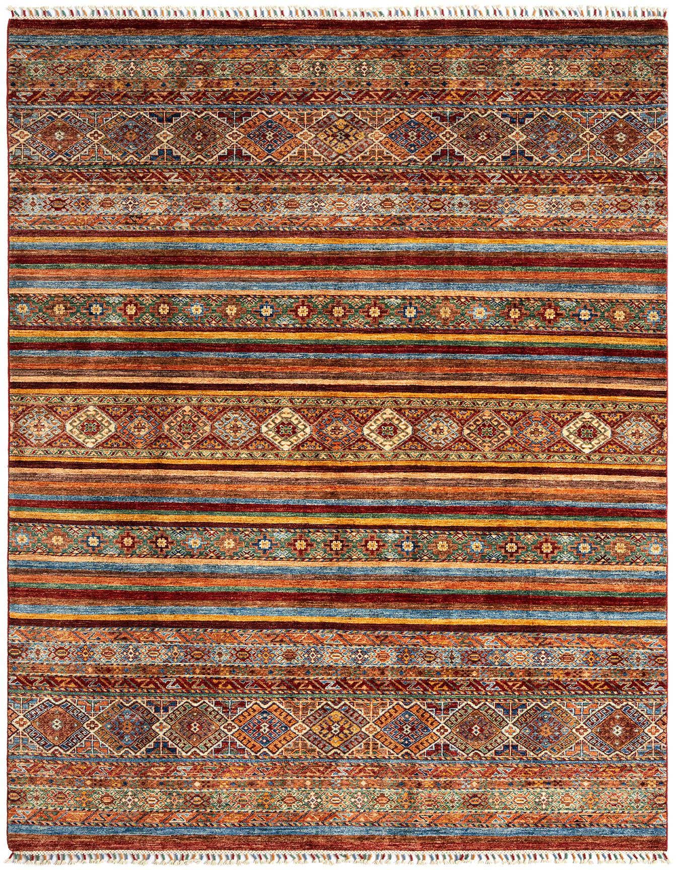A 7x10 rectangular Ariana Persian wool rug featuring vibrant stripes and intricate geometric patterns in greens, reds, blues, and oranges.
