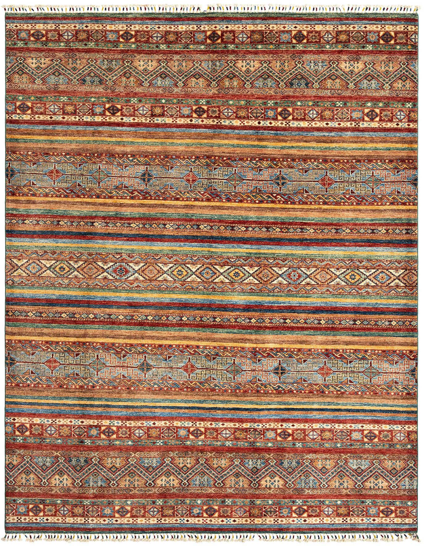 A 7x10 rectangular Ariana Persian rug in shades of green, red, and blue, featuring intricate traditional patterns and fringe.