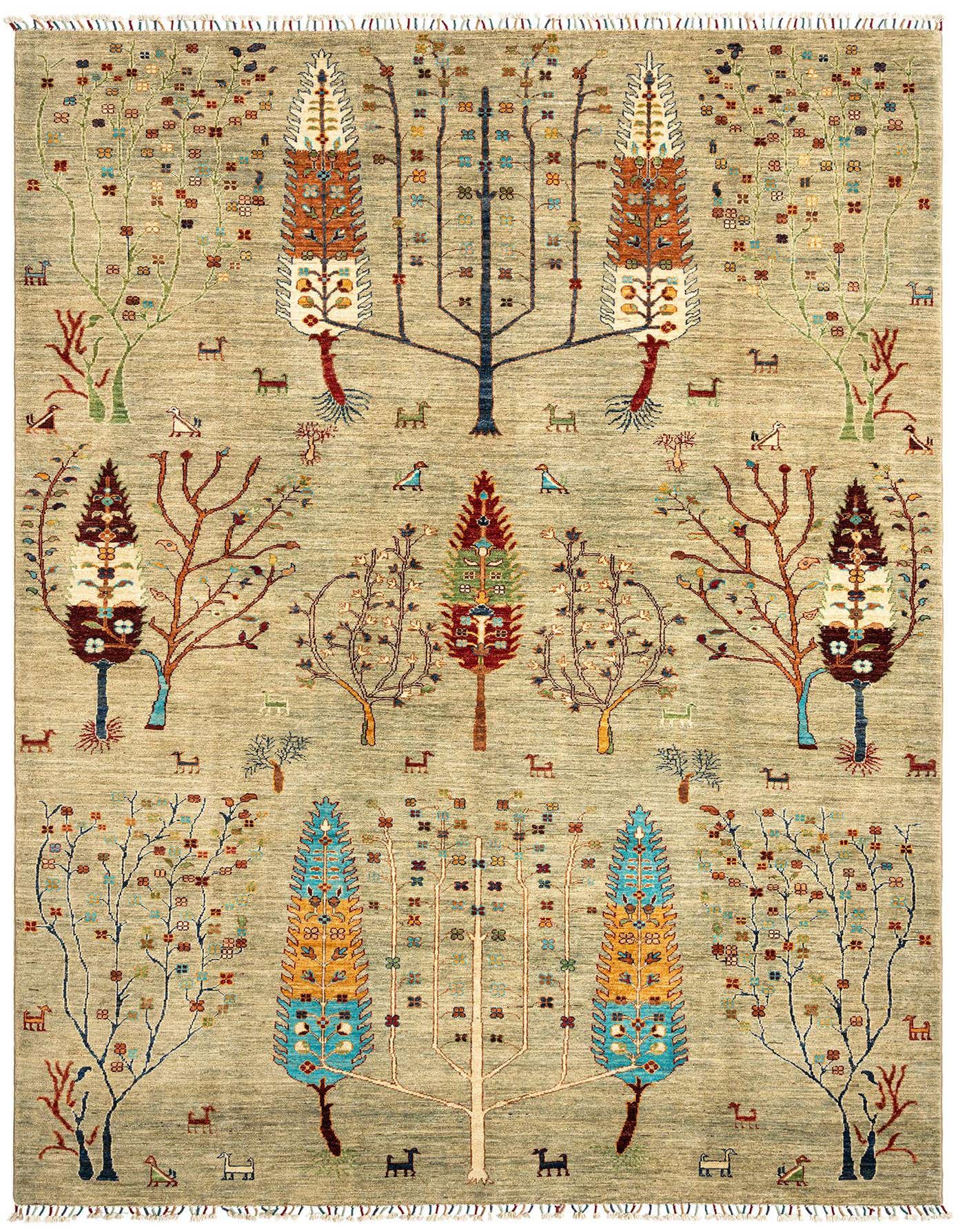 A 7x10 rectangular Ariana Persian rug with a green background featuring colorful tree of life motifs, animals, and birds.