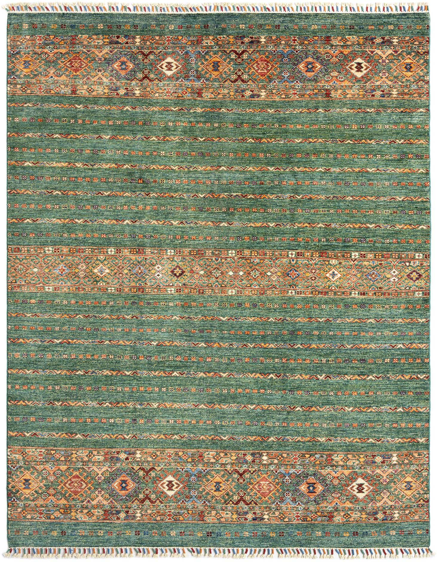 A 5x8 rectangular Ariana Ziegler Persian rug in shades of green with thin pile and intricate multi-colored patterns.