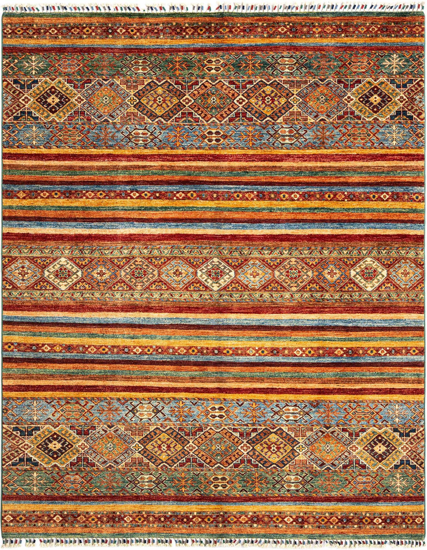 A 5x8 rectangular Ariana Ziegler Persian rug with vibrant stripes and intricate geometric patterns in greens, blues, reds, and golds.