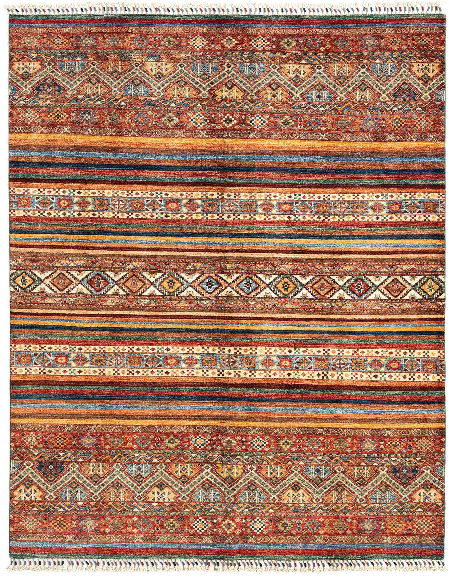 A rectangular 5x8 Ariana Ziegler Persian rug featuring horizontal stripes and intricate geometric patterns in shades of green, red, blue, and orange, with fringe.
