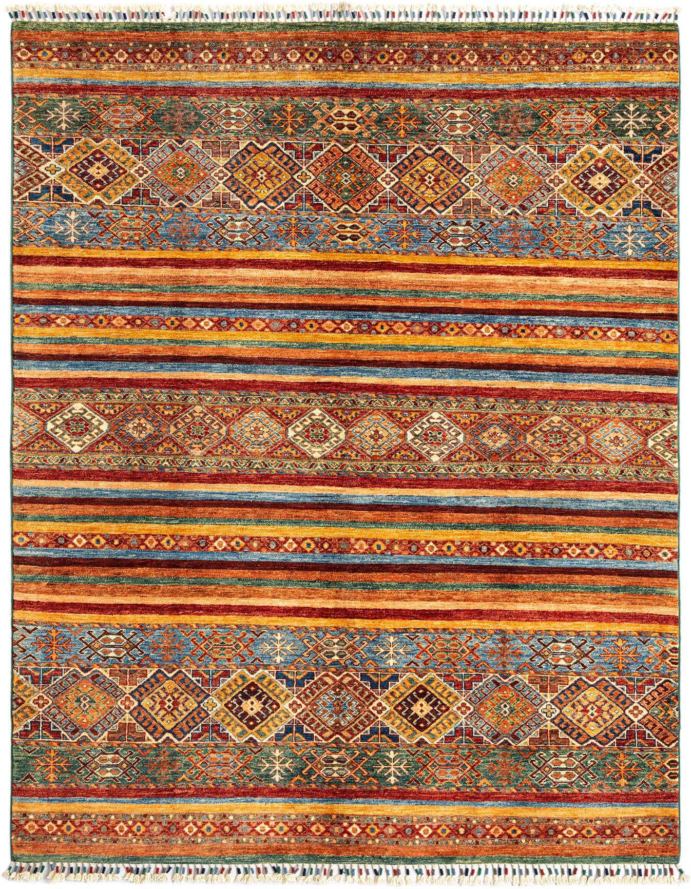 A rectangular 5x8 Ariana Ziegler Persian rug with vibrant stripes and geometric patterns in green, blue, red, and gold.