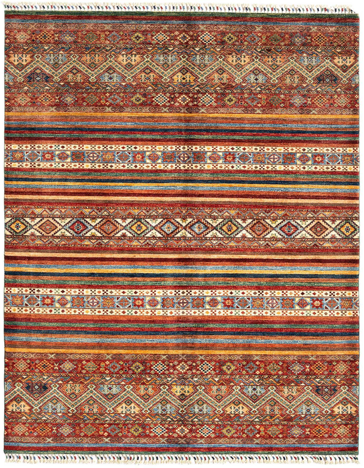 A rectangular 5x8 Ariana Ziegler Persian rug with intricate patterns and stripes in shades of green, red, blue, and gold.