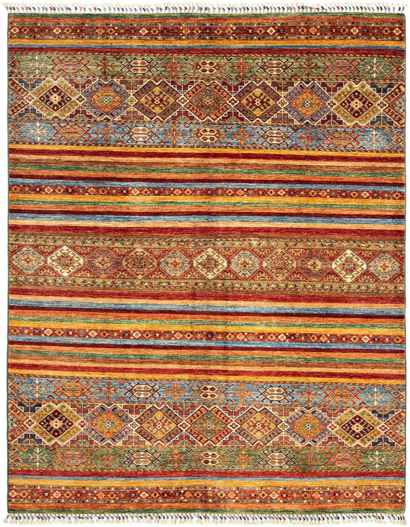A 5x8 rectangular Ariana Ziegler Persian rug in vibrant greens, blues, reds, and oranges, featuring traditional geometric patterns and stripes, with a thin pile and fringe.