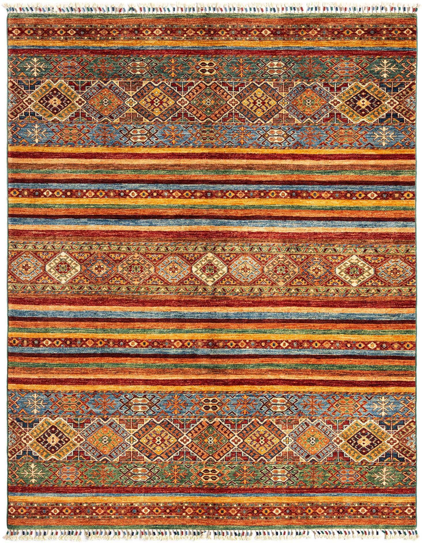A vibrant 5x8 rectangular Ariana Ziegler Persian rug with bold green, red, and blue stripes and intricate geometric patterns, featuring short fringe.