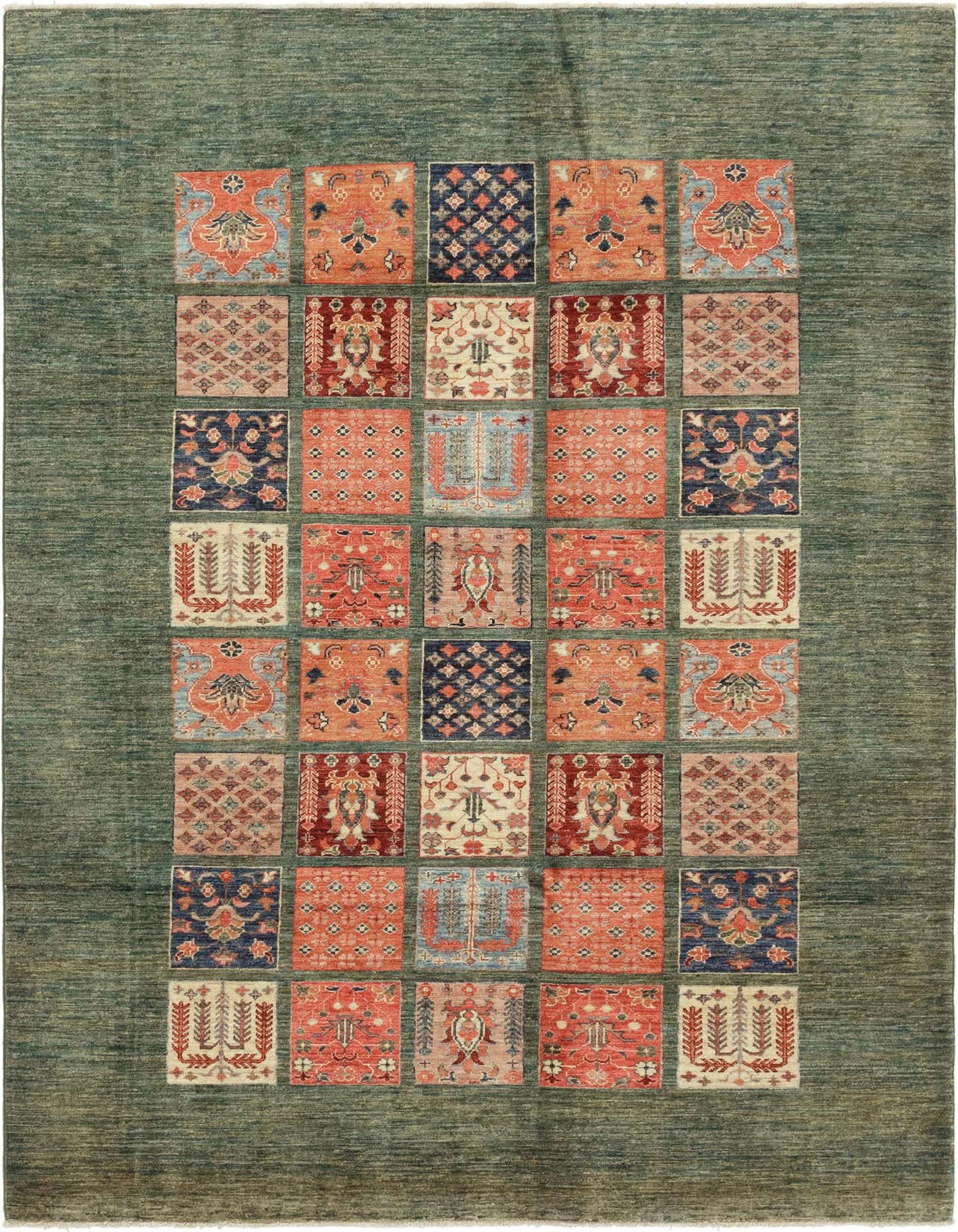 A 6x9 rectangular green area rug with a grid of traditional, tribal, and oriental patterned squares in various colors.