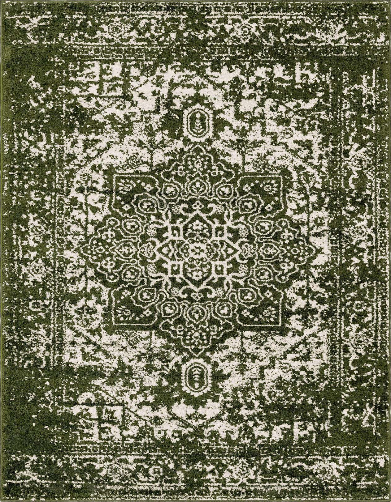 A 5x8 rectangular Arlington Collection rug in shades of green and white, featuring a distressed traditional medallion pattern, ideal for a living room.