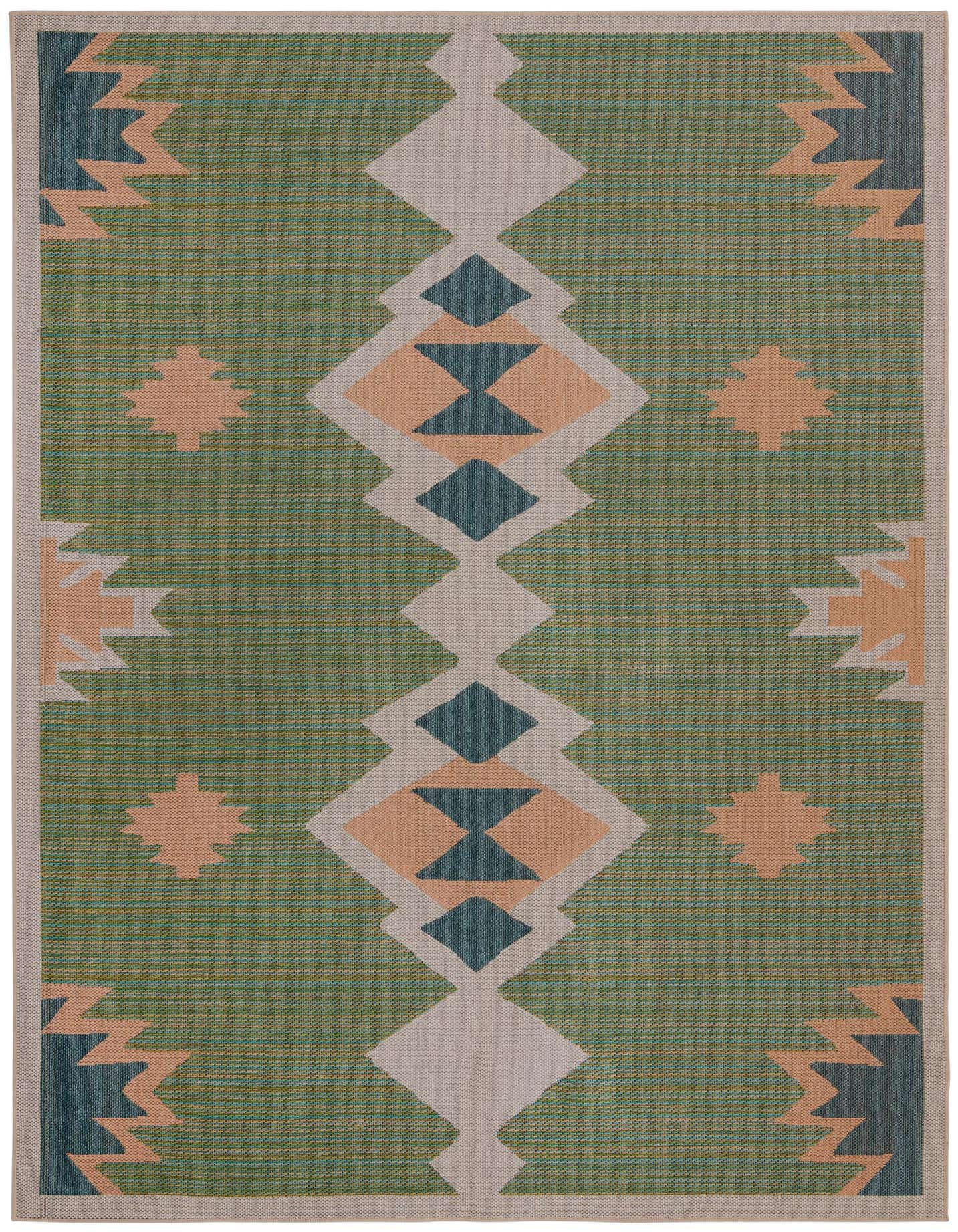 A 9x12 rectangular Baja Outdoor rug featuring a green background with a central column of beige, peach, and teal diamond and hourglass shapes, flanked by peach starbursts and teal zigzags.