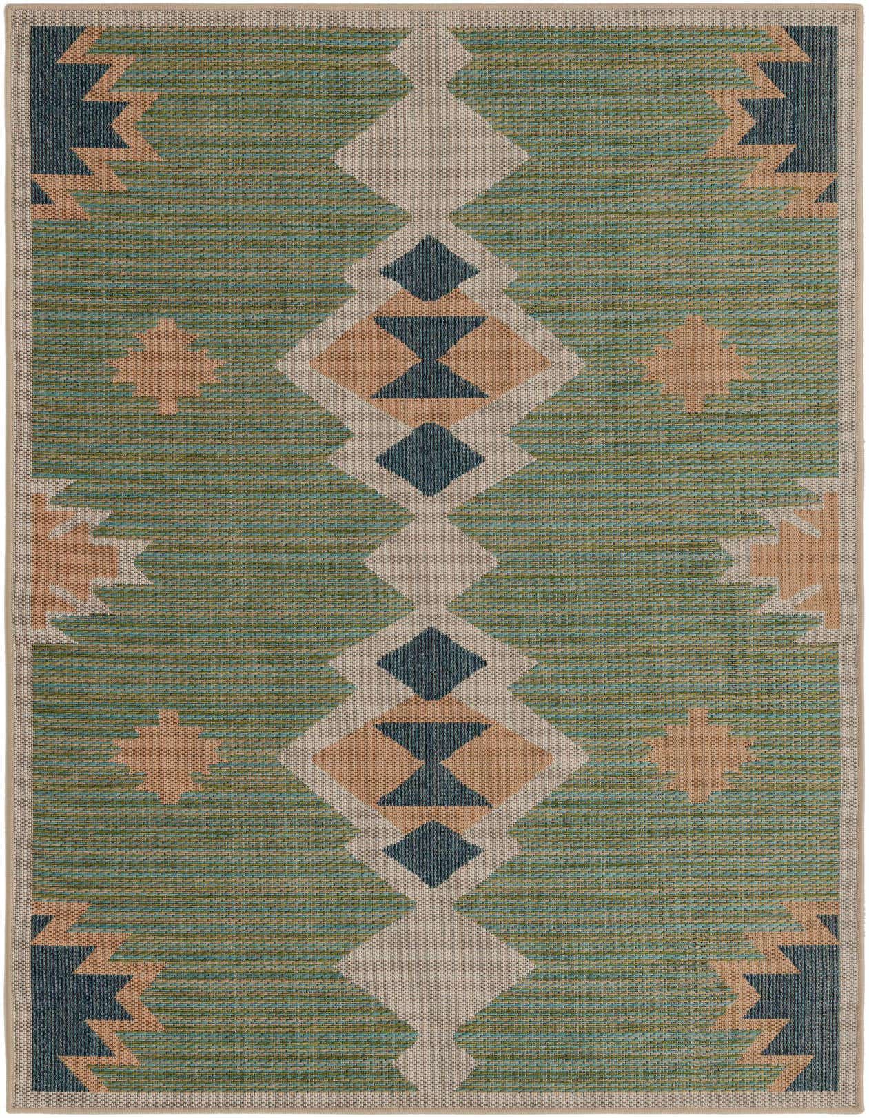 A 5x8 rectangular Baja Outdoor rug featuring a Southwestern geometric pattern in shades of green, beige, and dark blue, suitable for indoor or outdoor use.