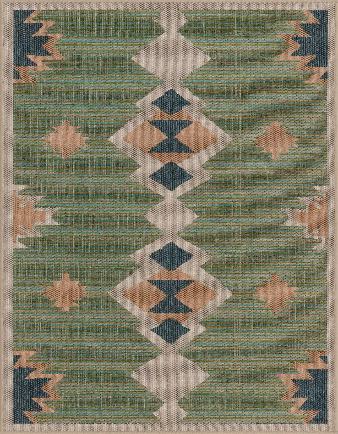 A 4x6 rectangular Southwestern rug featuring a vibrant green background with a central diamond pattern in beige, dark blue, and tan, bordered by beige.