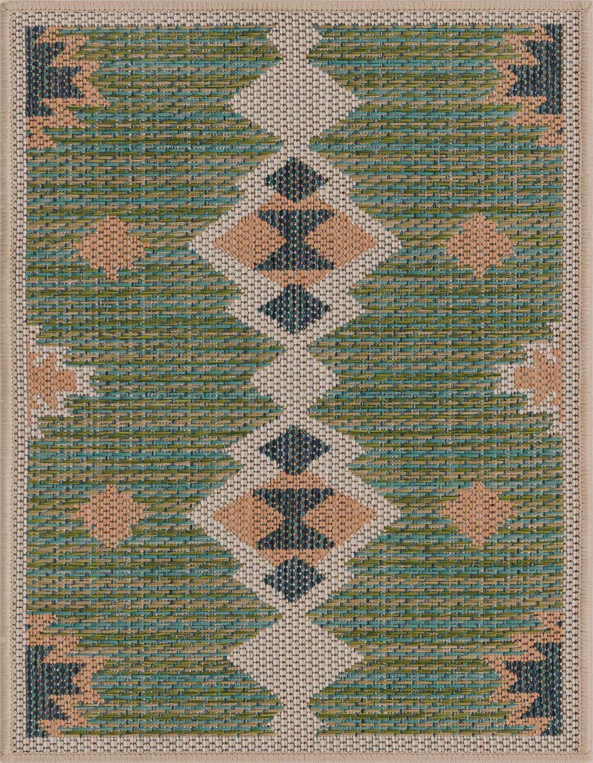 A 2x3 rectangular Baja Outdoor rug featuring a Southwestern geometric pattern in green, teal, beige, and peach tones.