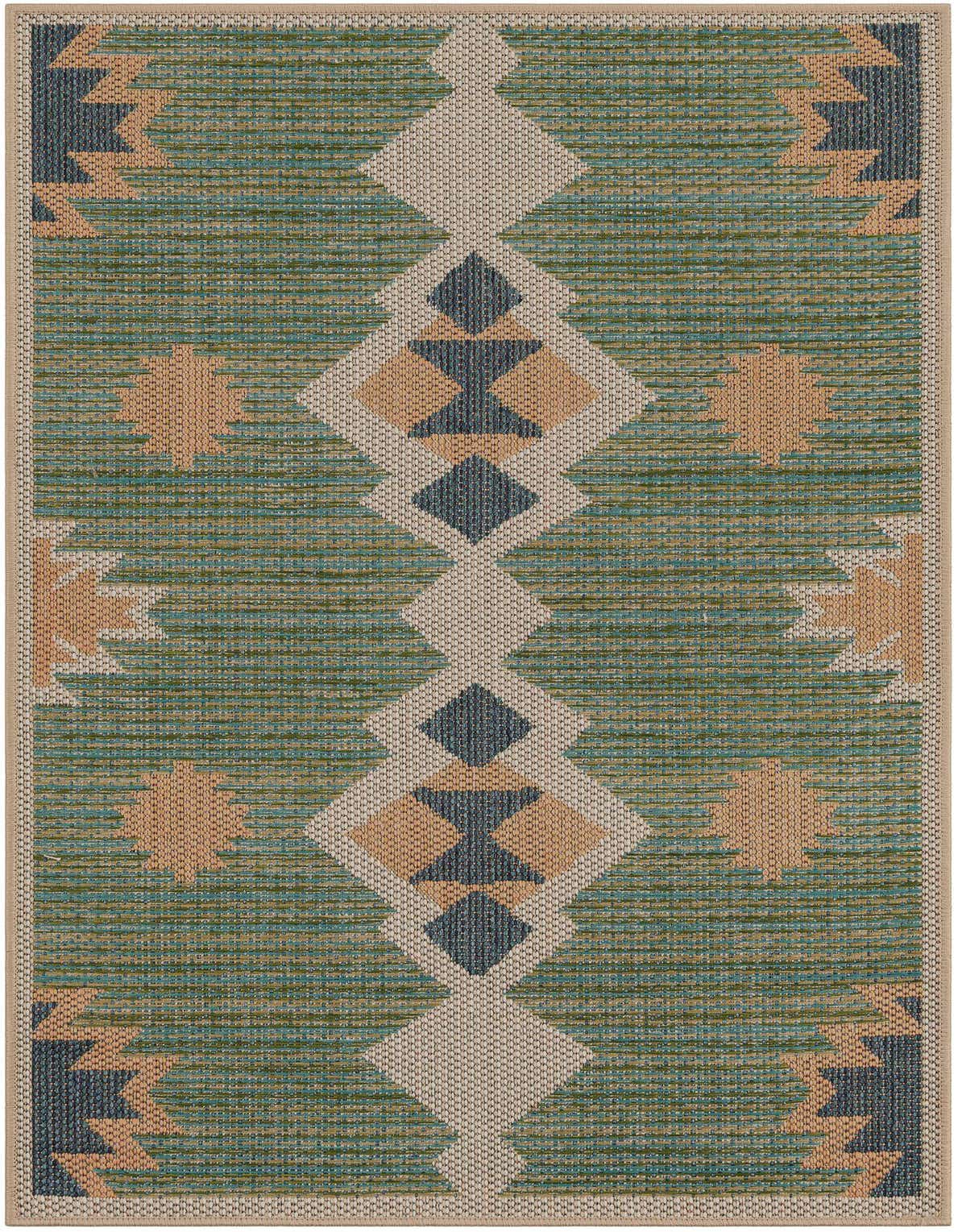 A 3x5 rectangular green Southwestern rug with tribal patterns in teal, beige, and dark blue, suitable for indoor/outdoor use.