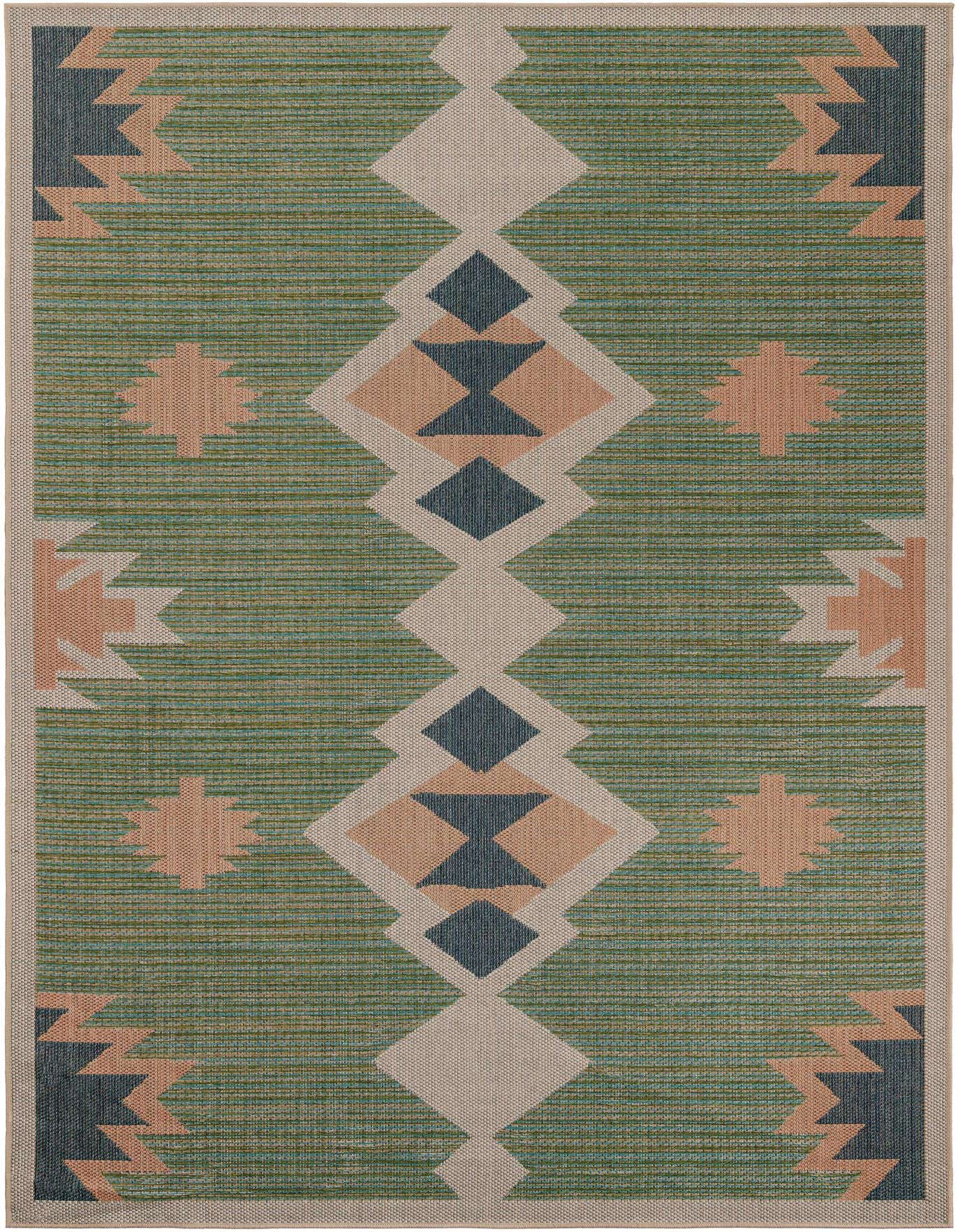 A 7x10 rectangular Baja Outdoor rug featuring a Southwestern pattern in shades of green, beige, and dark blue.