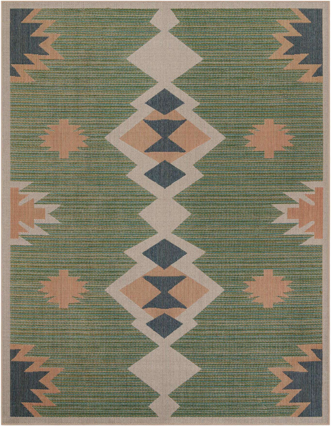 An 8x11 rectangular green Southwestern rug with a central diamond pattern and tribal motifs in tan, dark blue, and beige.