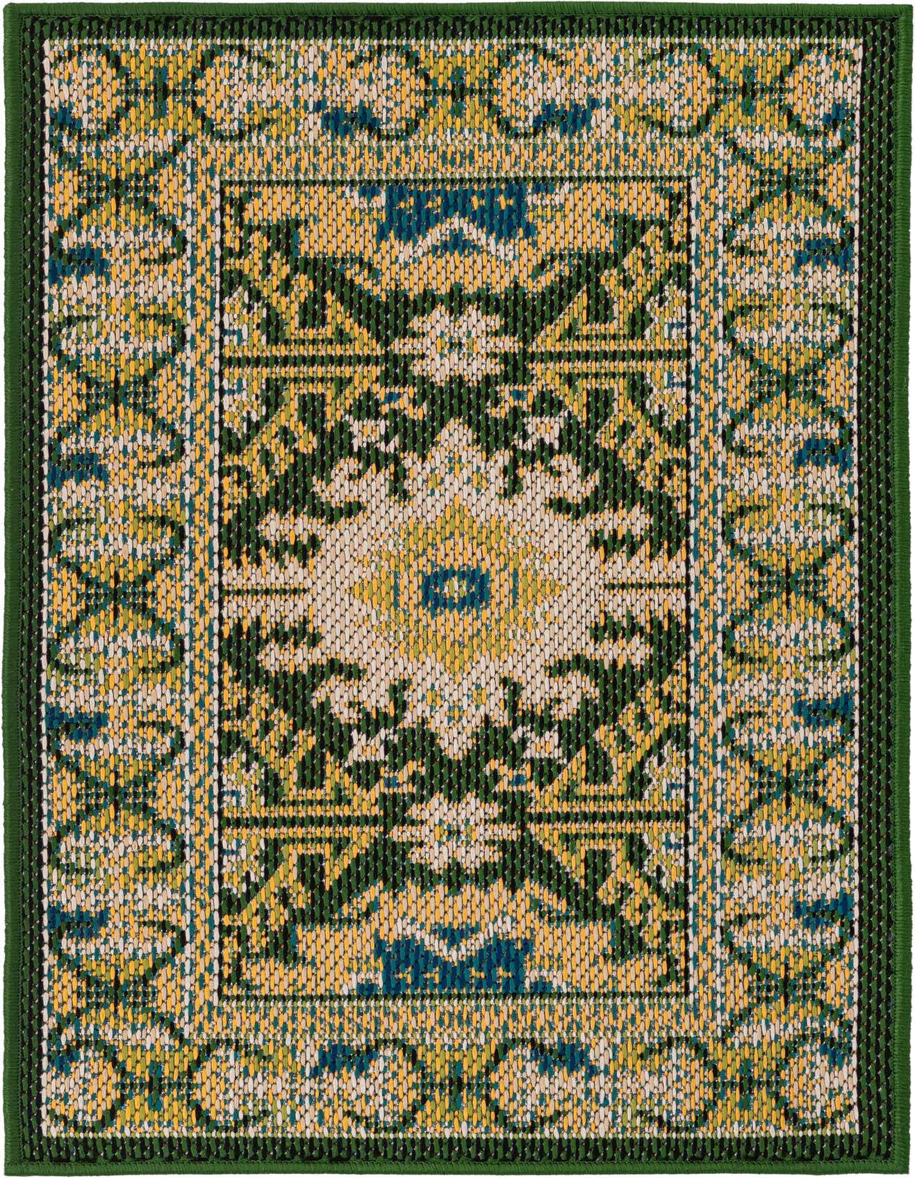 A 2x3 rectangular Baja Outdoor rug featuring a modern green, yellow, and blue geometric pattern with a dark green border, suitable for indoor or outdoor use.