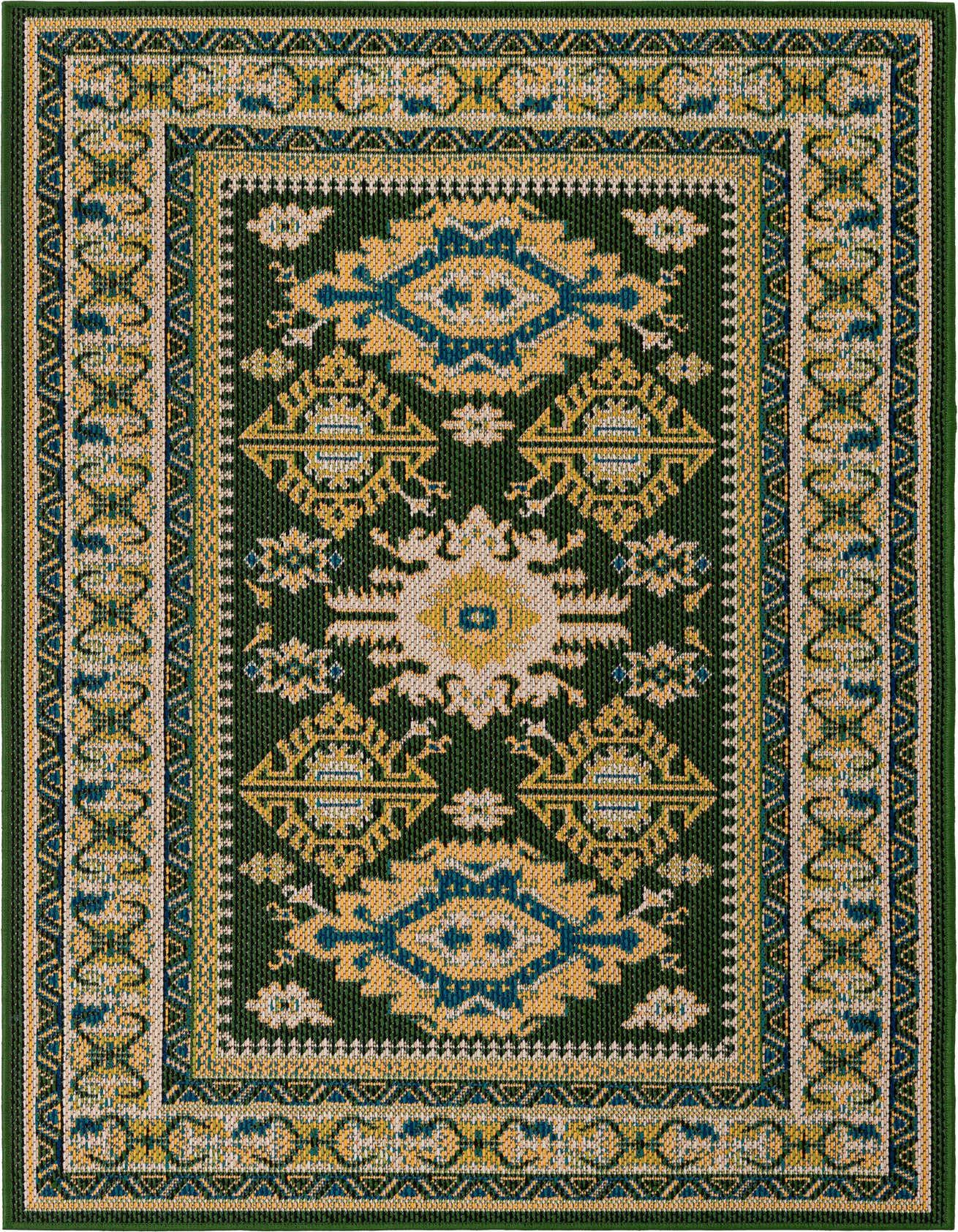 A 4x6 rectangular Rugs.com Baja Outdoor rug featuring a modern geometric pattern in shades of green, gold, and blue.