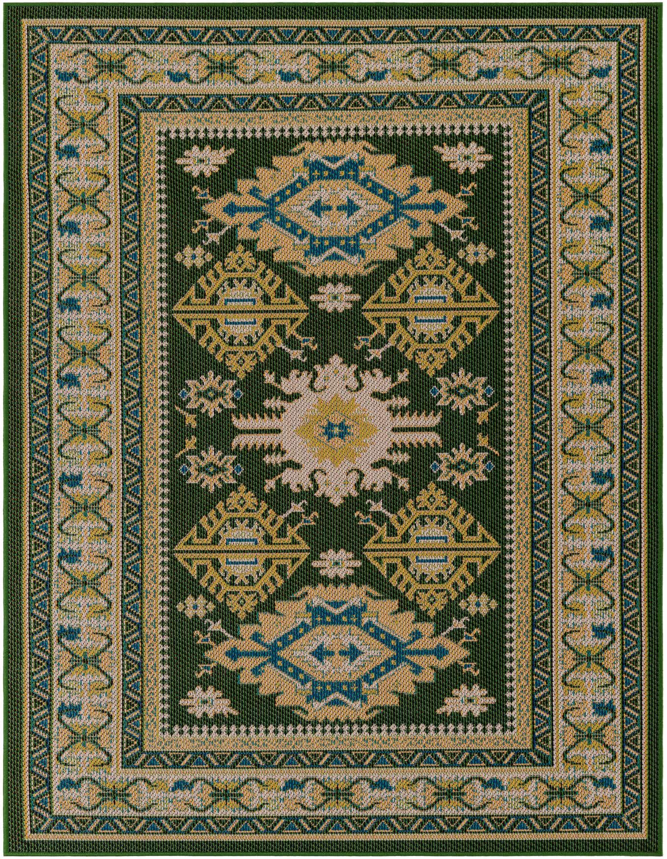 A 5x8 rectangular green rug with a modern geometric pattern in gold, teal, and cream, suitable for indoor or outdoor use.