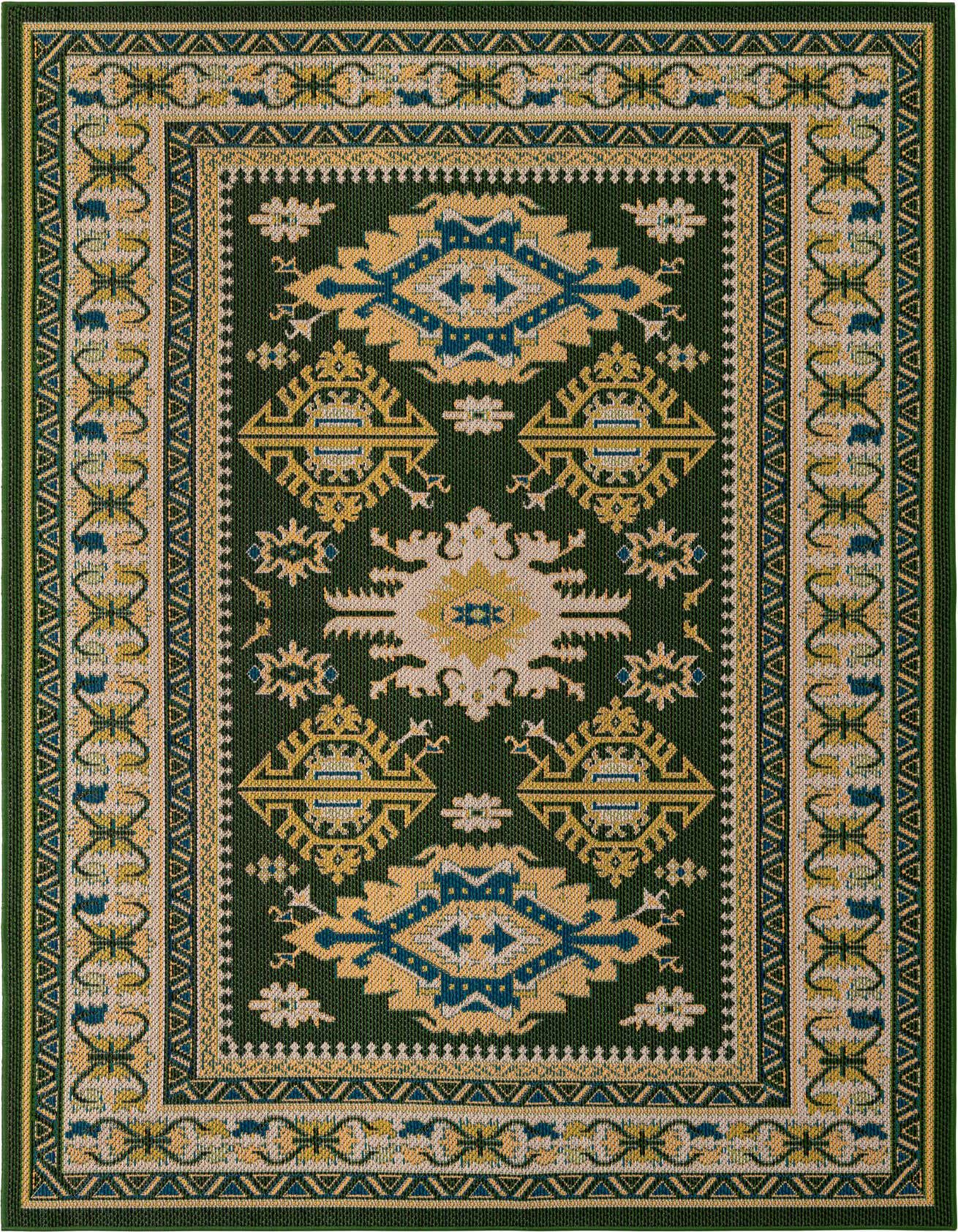 A 6x9 rectangular Baja Outdoor rug featuring a traditional medallion pattern in green, gold, and blue.