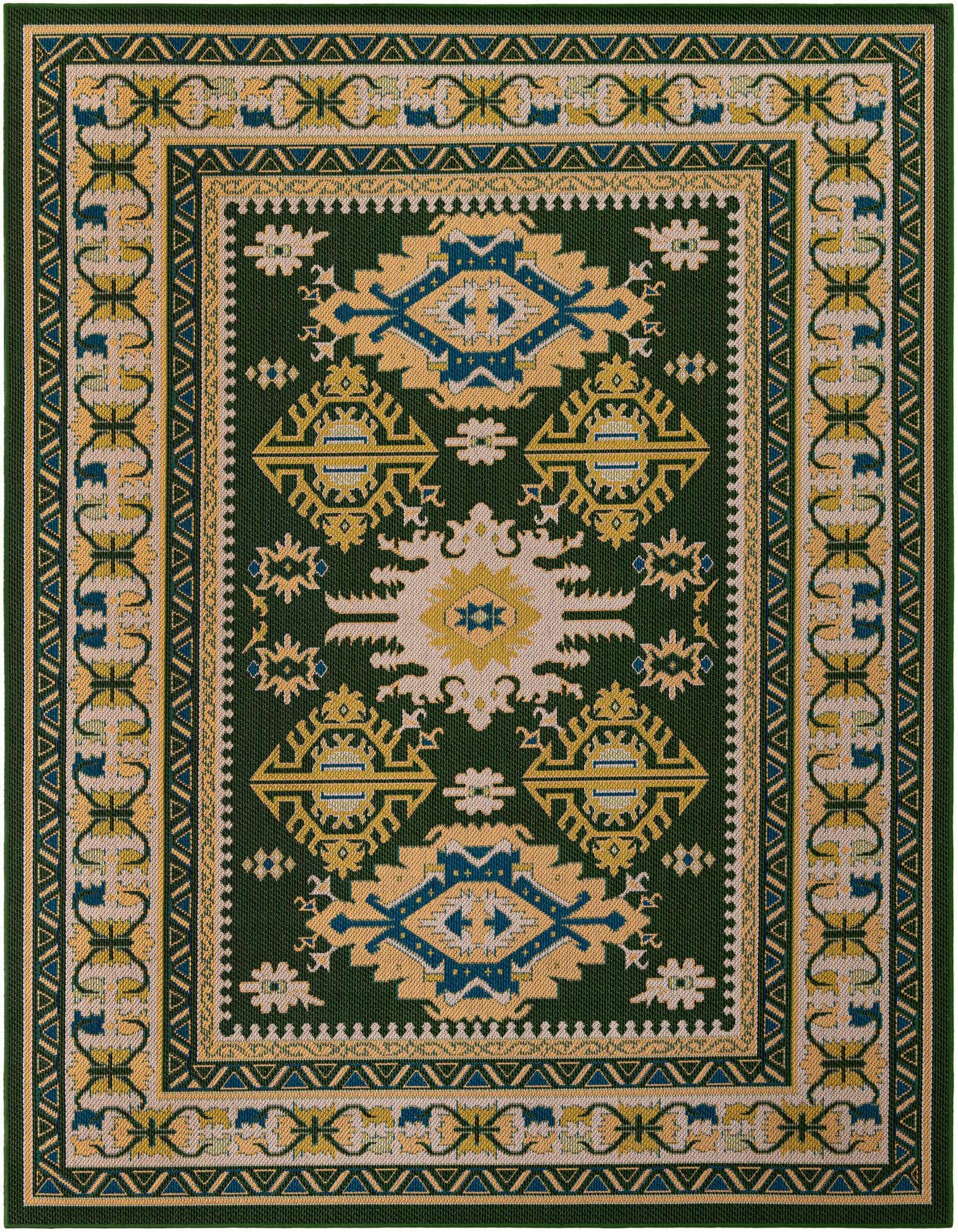 An 8x10 rectangular green rug with a traditional medallion pattern in gold, blue, and cream, suitable for indoor or outdoor use.