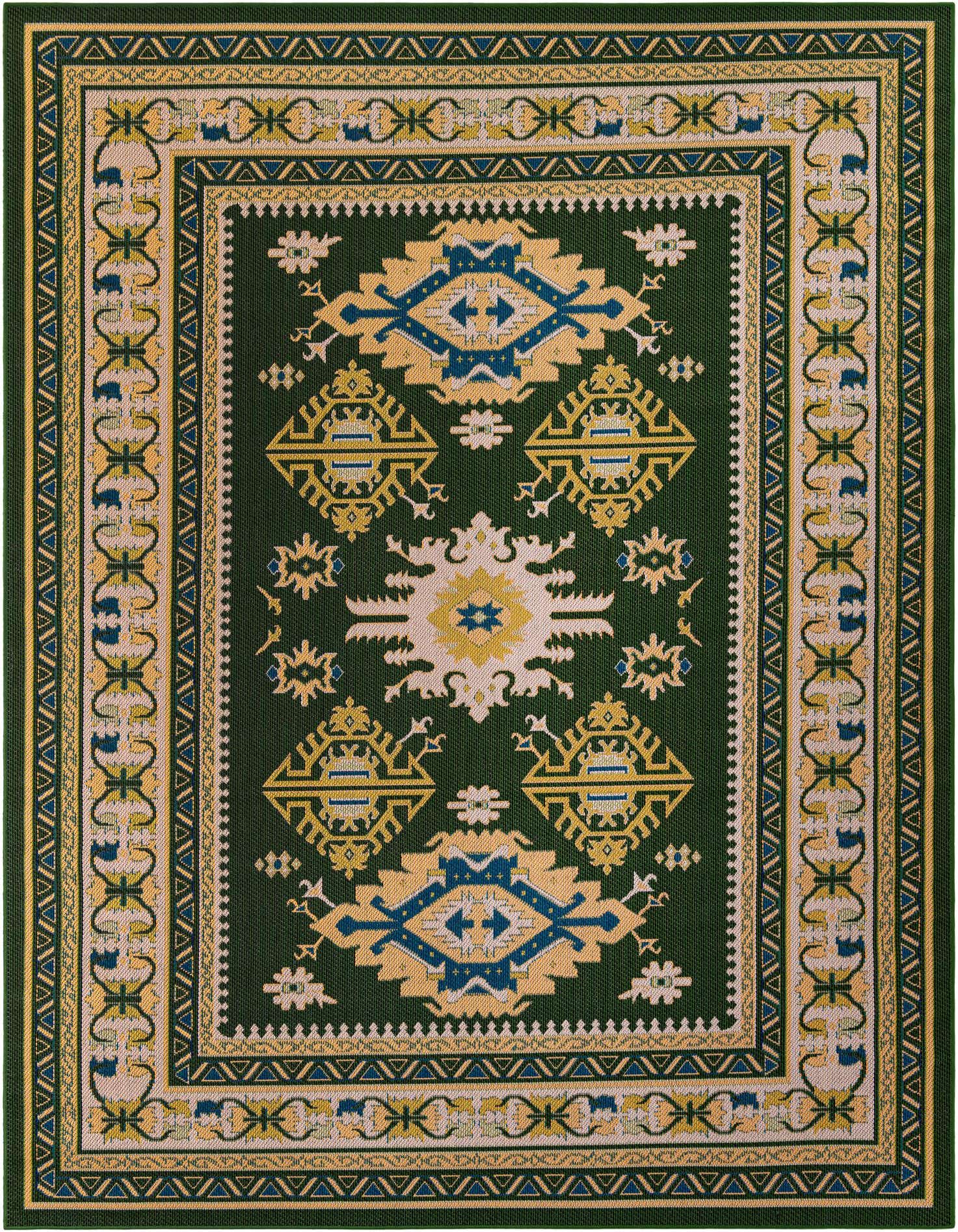 A 9x12 rectangular green modern rug with yellow and blue geometric patterns, suitable for indoor or outdoor use.