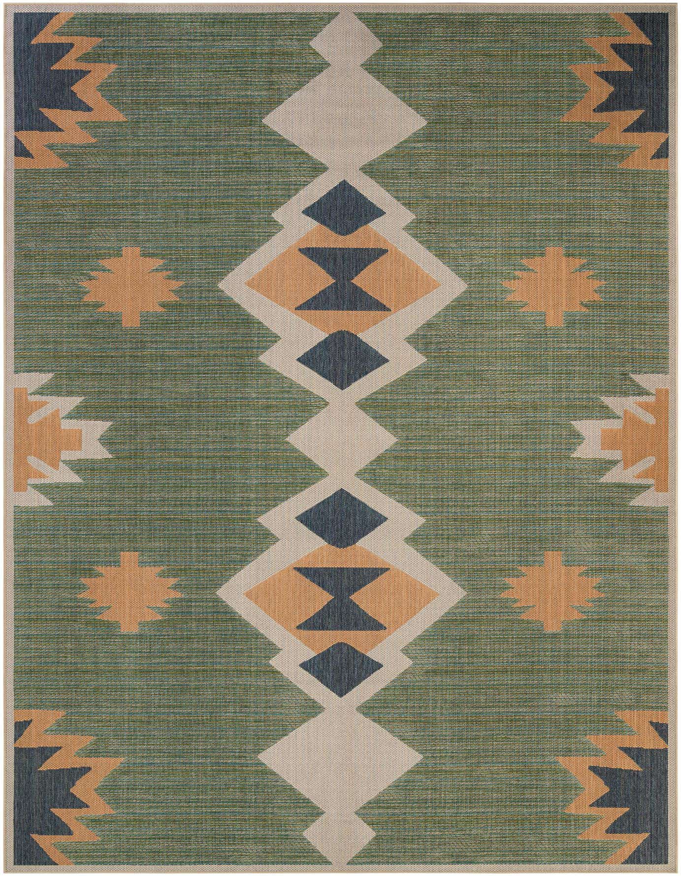 A 10x14 rectangular Baja Outdoor rug featuring a green background with a central column of tribal diamonds in beige, rust, and navy, flanked by rust and navy zigzag patterns.